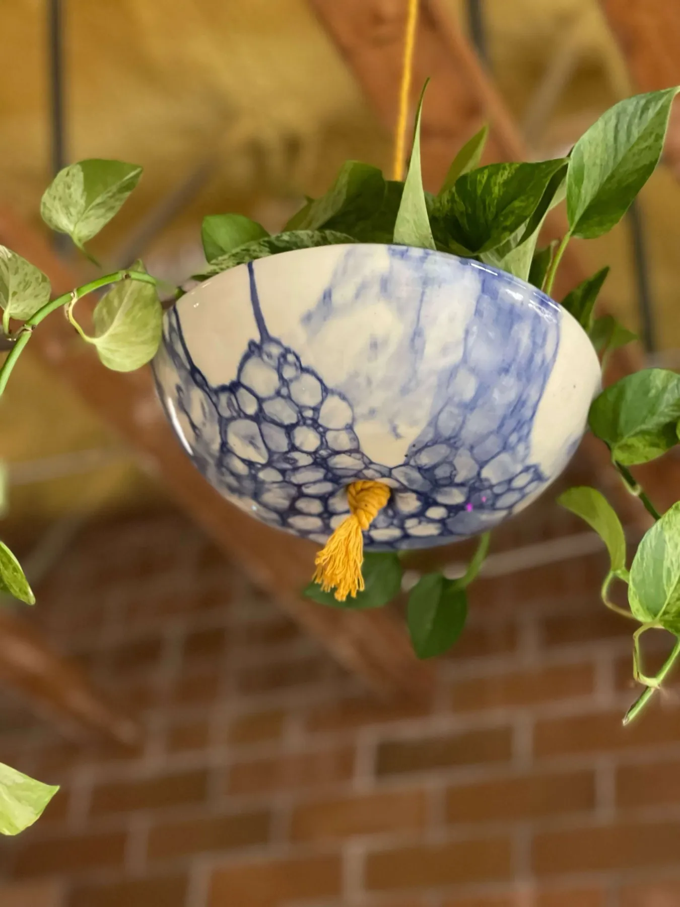 Blue and white hanging planter made at Hand Eye Ceramics