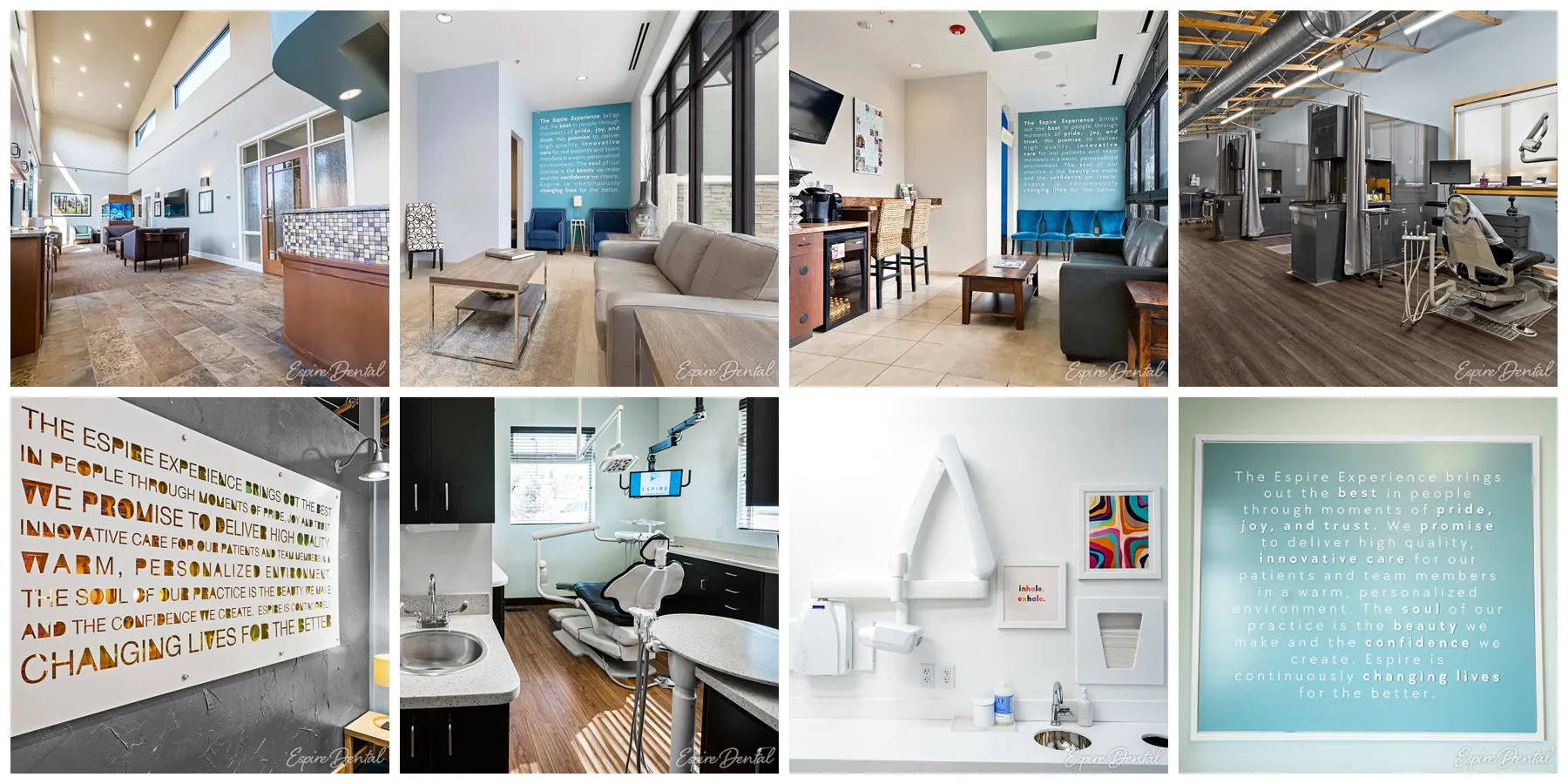 Espire Dental waiting rooms, treatment rooms and brand walls from several locations