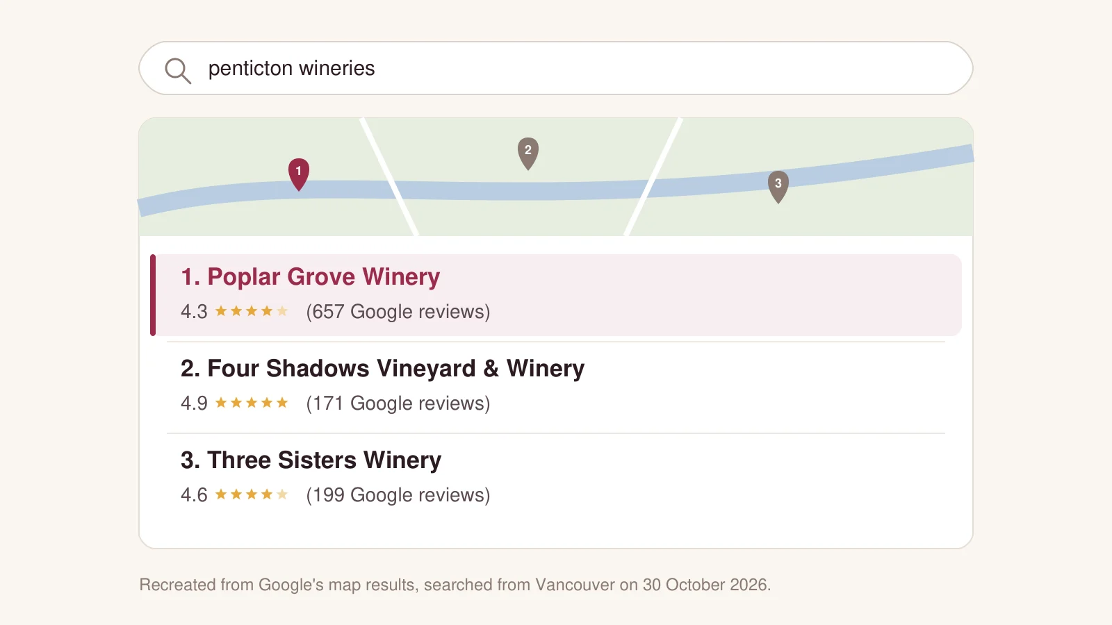 Recreated Google map results for Penticton wineries: Poplar Grove first, Four Shadows second, Three Sisters third
