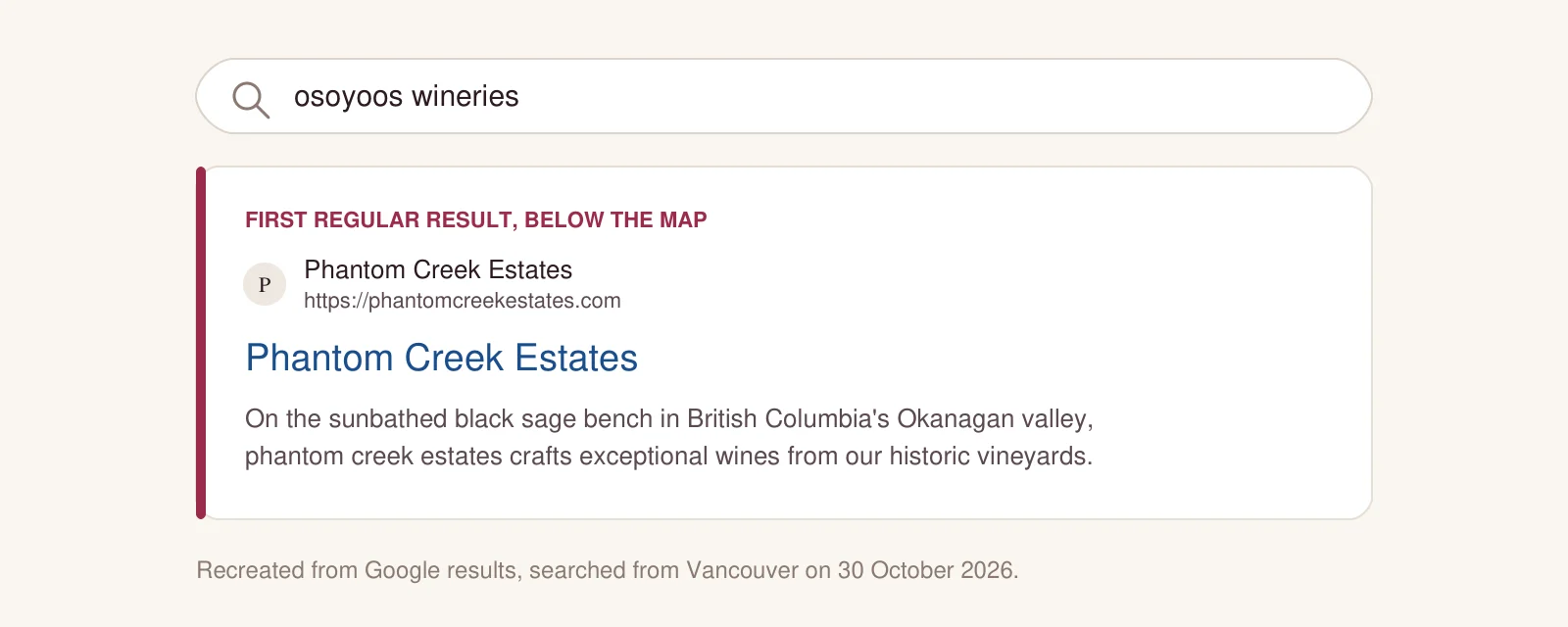 Recreated Google result for Osoyoos wineries with Phantom Creek Estates as the first regular result below the map