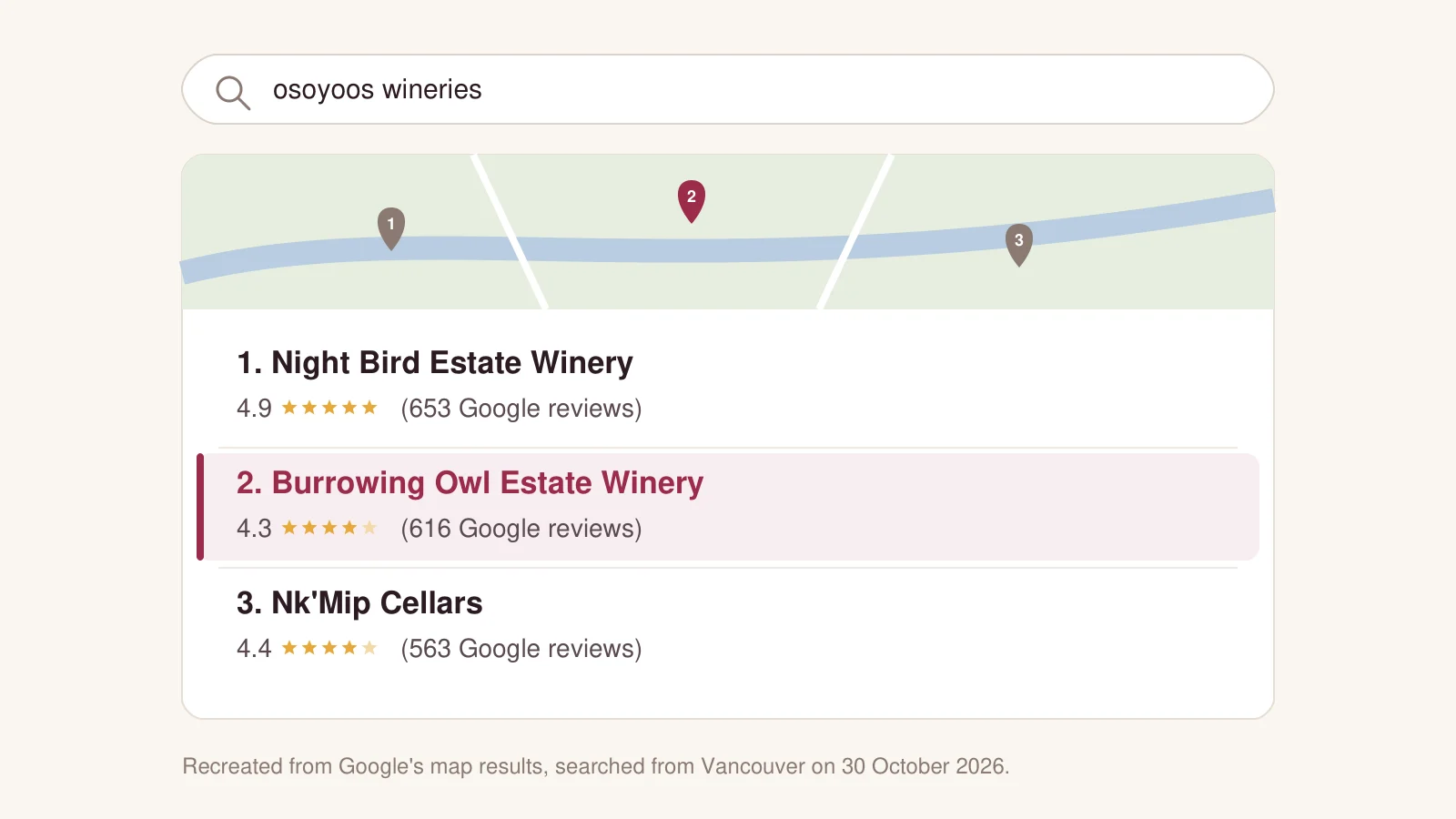 Recreated Google map results for Osoyoos wineries: Night Bird first, Burrowing Owl second, Nk'Mip third