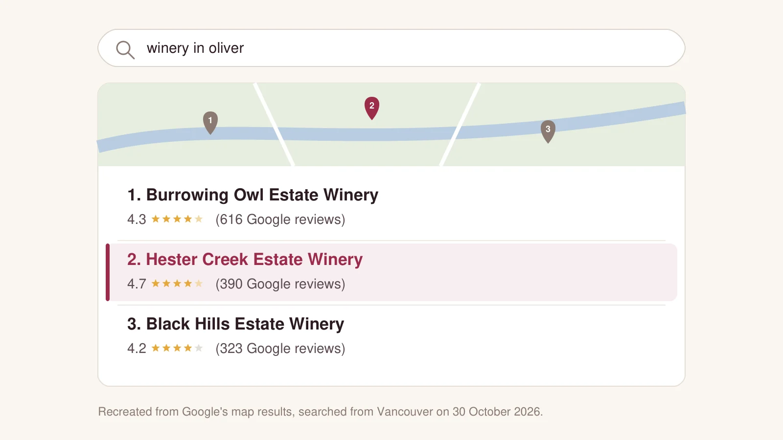 Recreated Google map results for winery in Oliver: Burrowing Owl first, Hester Creek second with 4.7 stars, Black Hills third