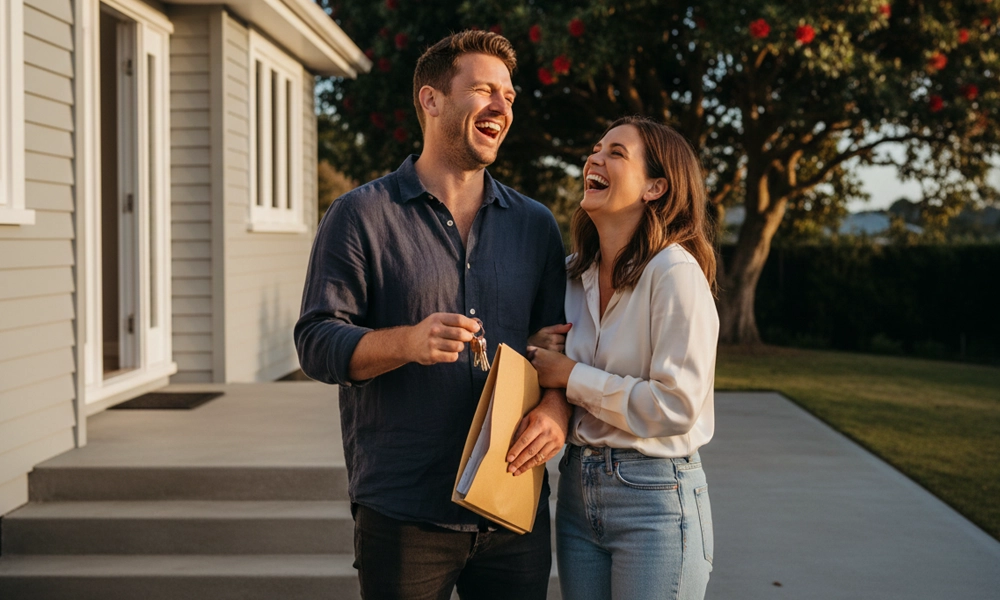 Couple standing outside a home after signing a contracting out agreement