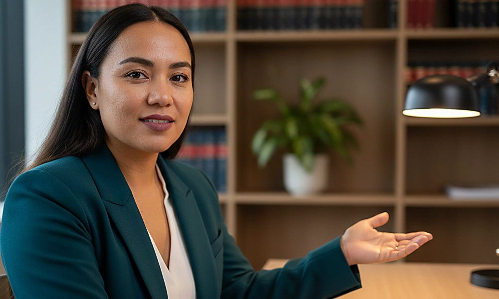 Lawyer seated in an office, offering legal advice during a contracting out agreement consultation