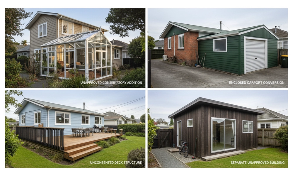 Four property changes that can create a defective cross-lease title, including a conservatory, enclosed carport, deck, and separate building