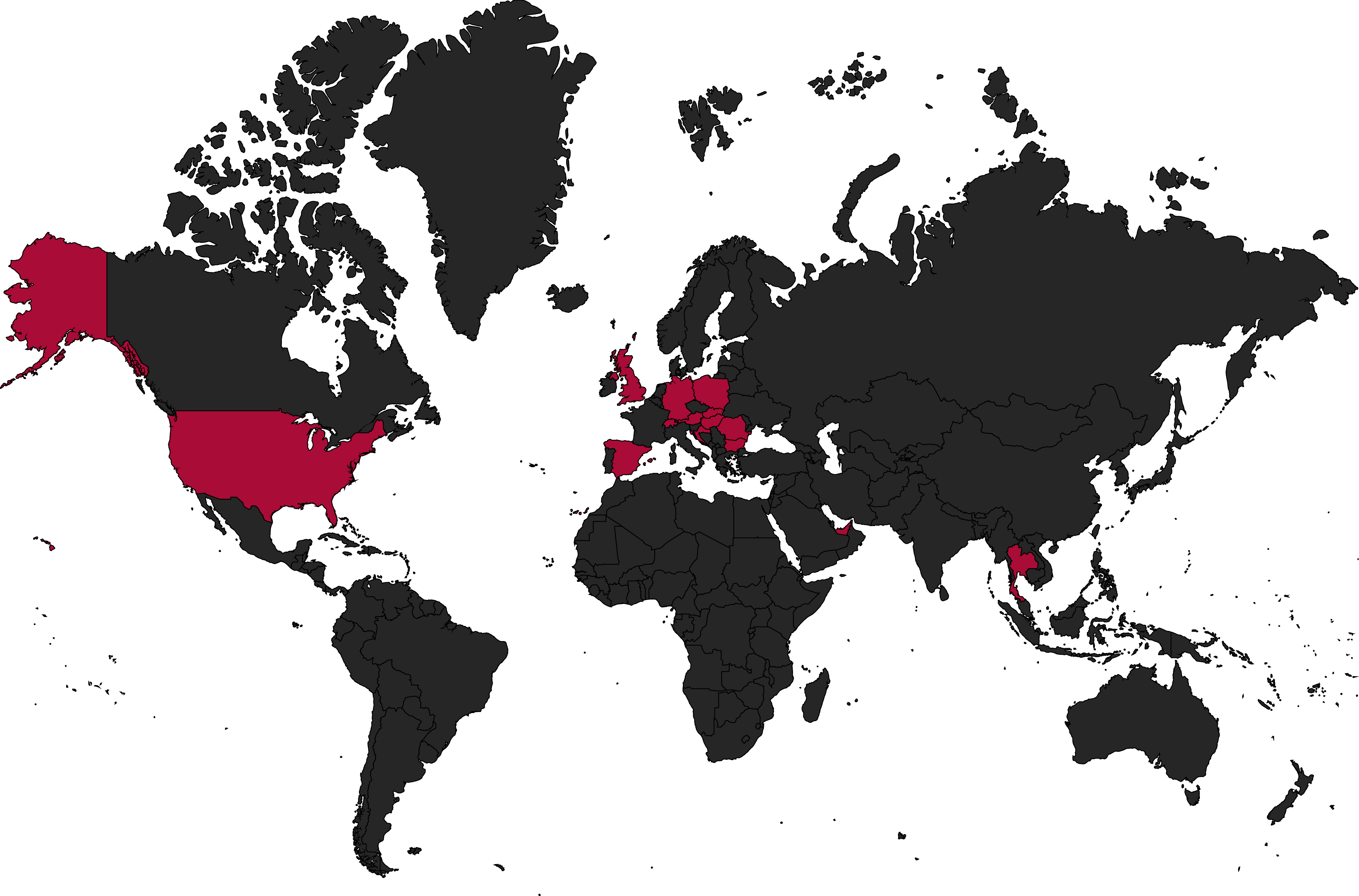 Weltkarte mit hervorgehobenen Ländern in Rot: USA, Großbritannien, Spanien, Deutschland, Tschechien, Slowakei, Ungarn, Rumänien, Vereinigte Arabische Emirate und Thailand.