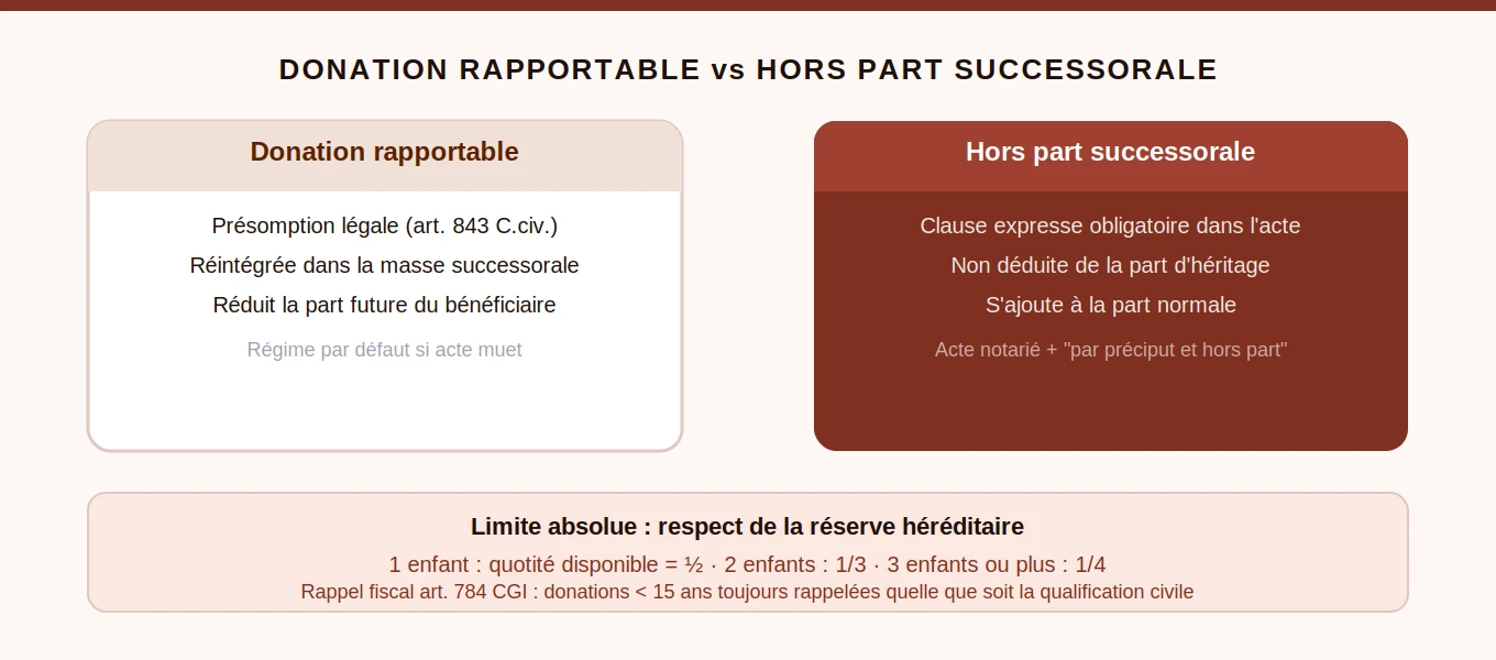 Comparatif donation rapportable versus donation hors part successorale — quotité disponible et réserve héréditaire