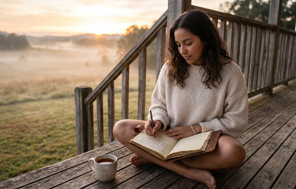 Young woman writing in a journal on a wooden porch overlooking misty fields at sunrise