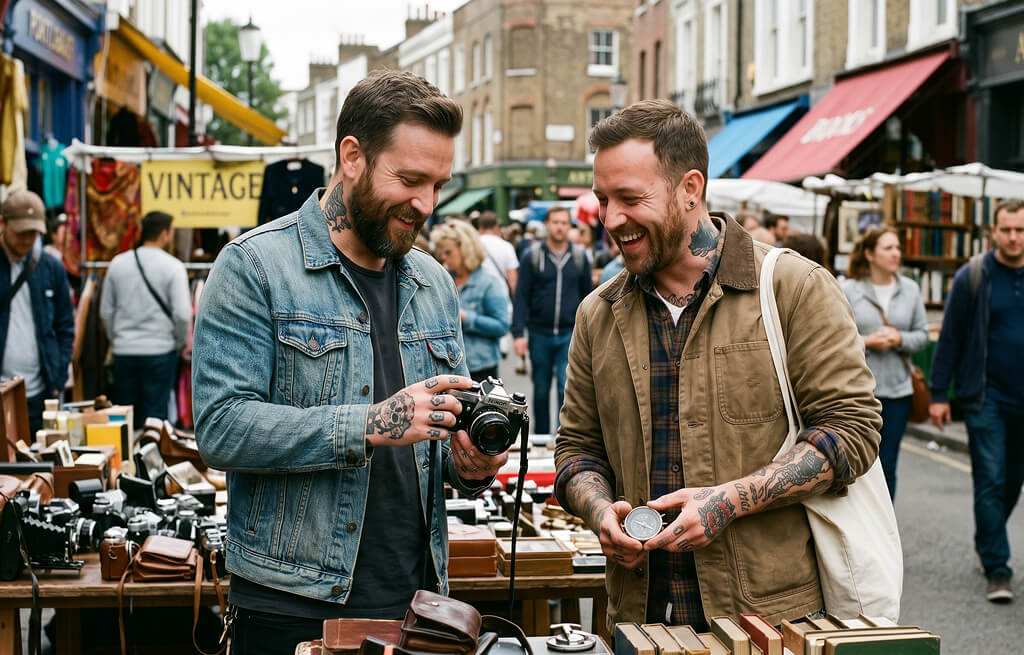 Two men laughing together while browsing vintage cameras and watches at an outdoor street market