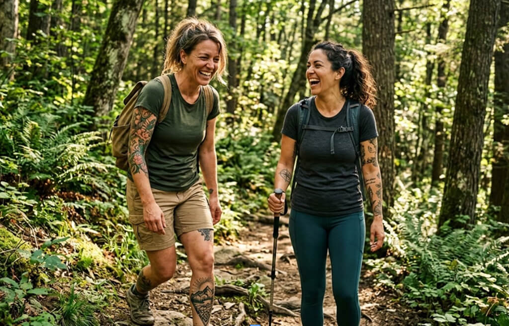 Two women laughing together whilst hiking on a sunlit forest trail