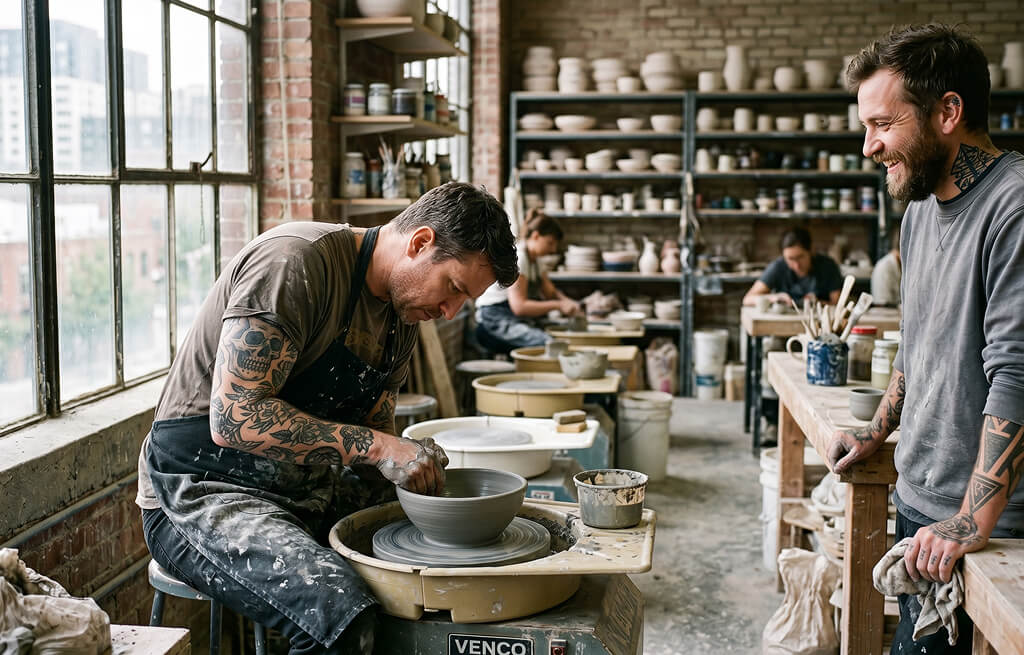 Man shaping a clay bowl on a pottery wheel in a busy studio whilst a friend watches
