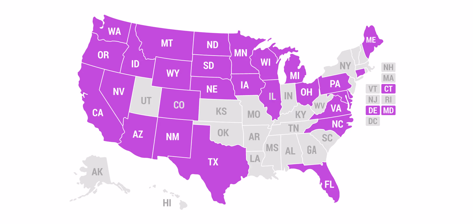 Map of the United States with the states where Bicycle Health offers treatment highlighted