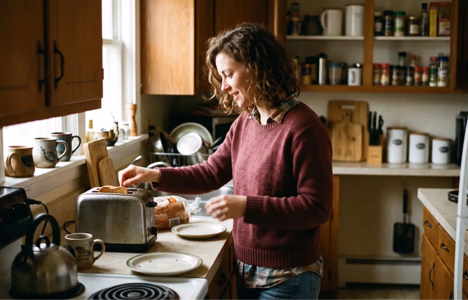 Woman preparing breakfast at a kitchen counter