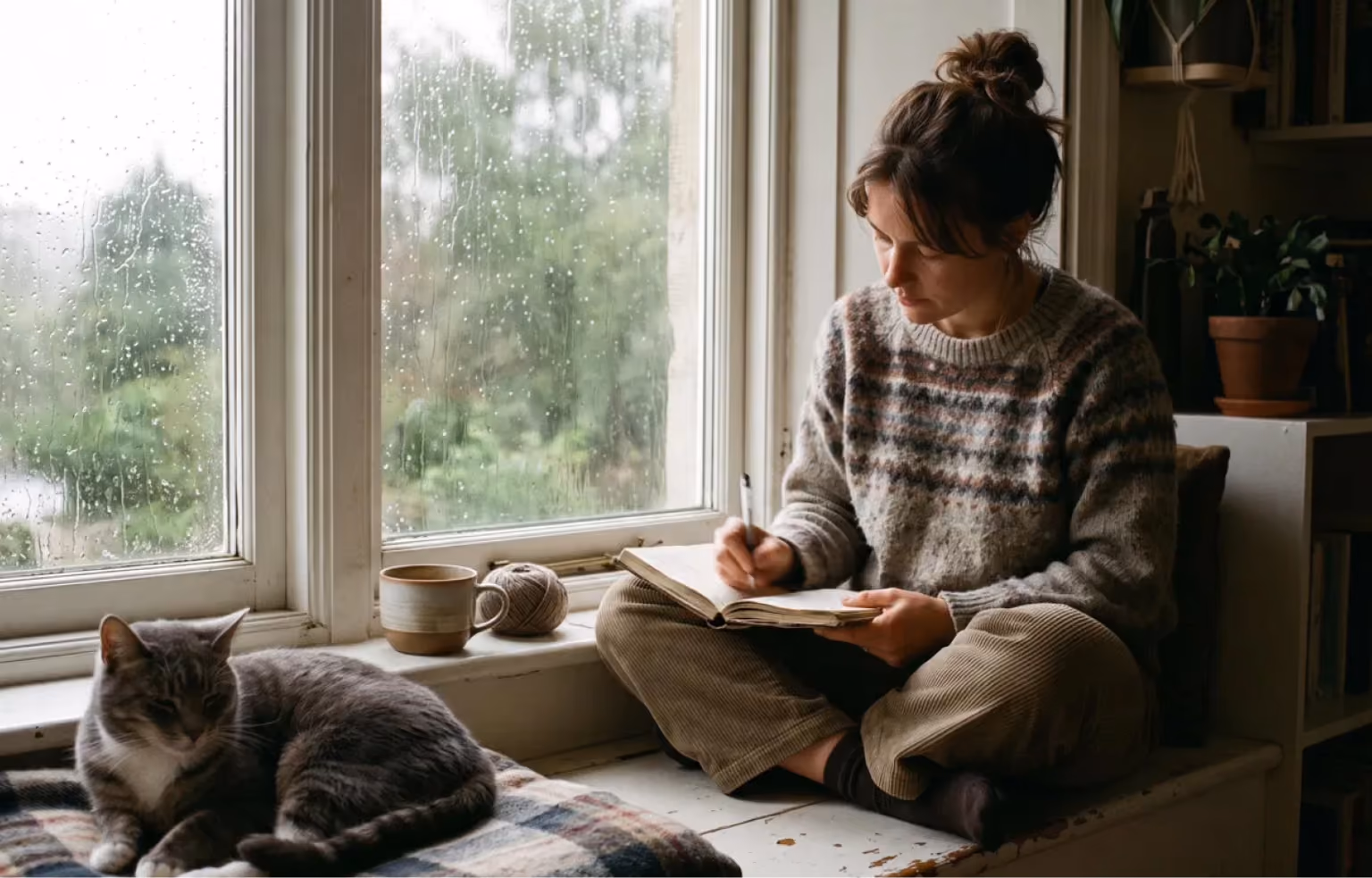 Woman reading on a window seat beside a sleeping cat on a rainy day