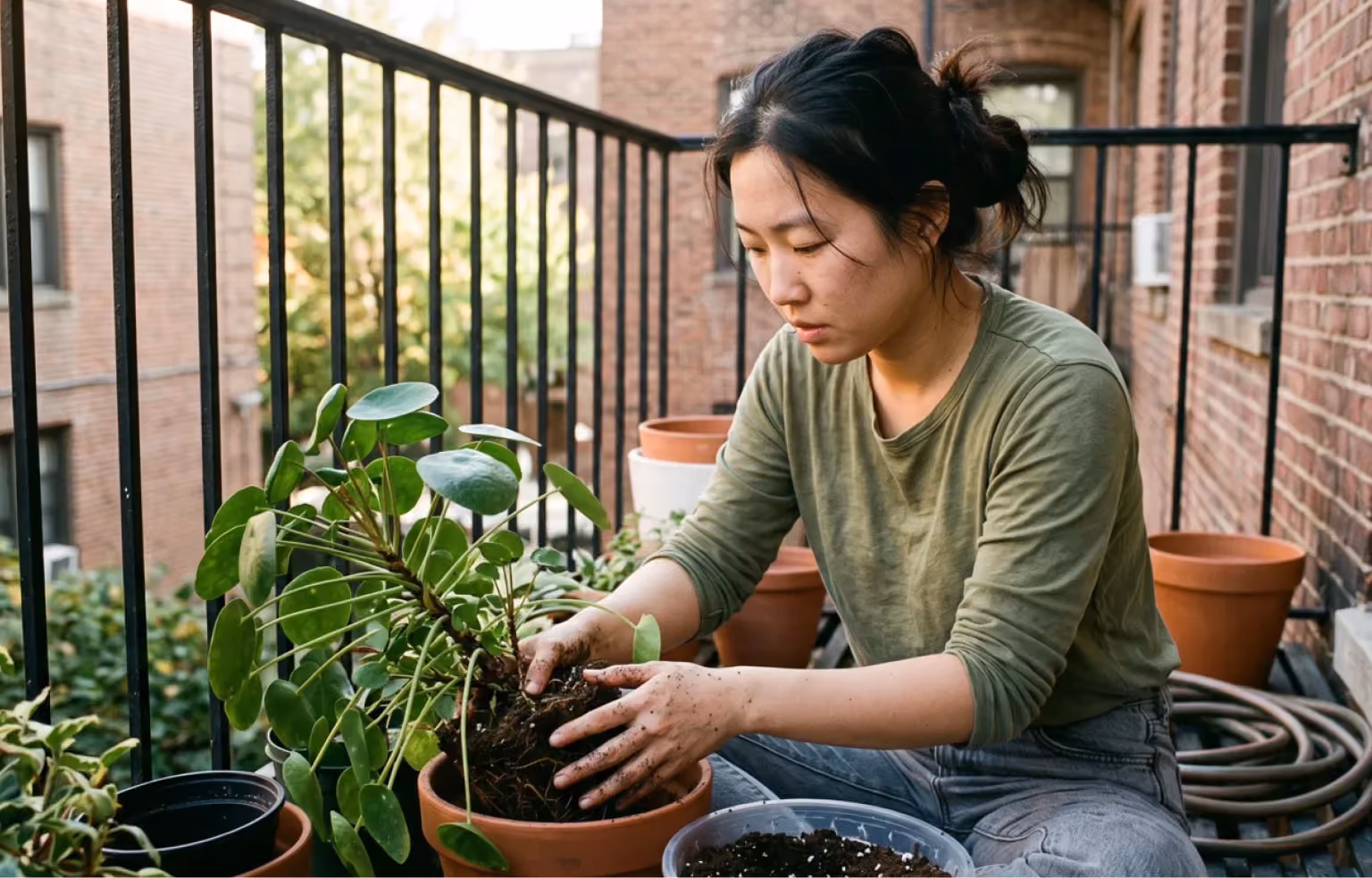 Woman repotting a plant on an apartment balcony