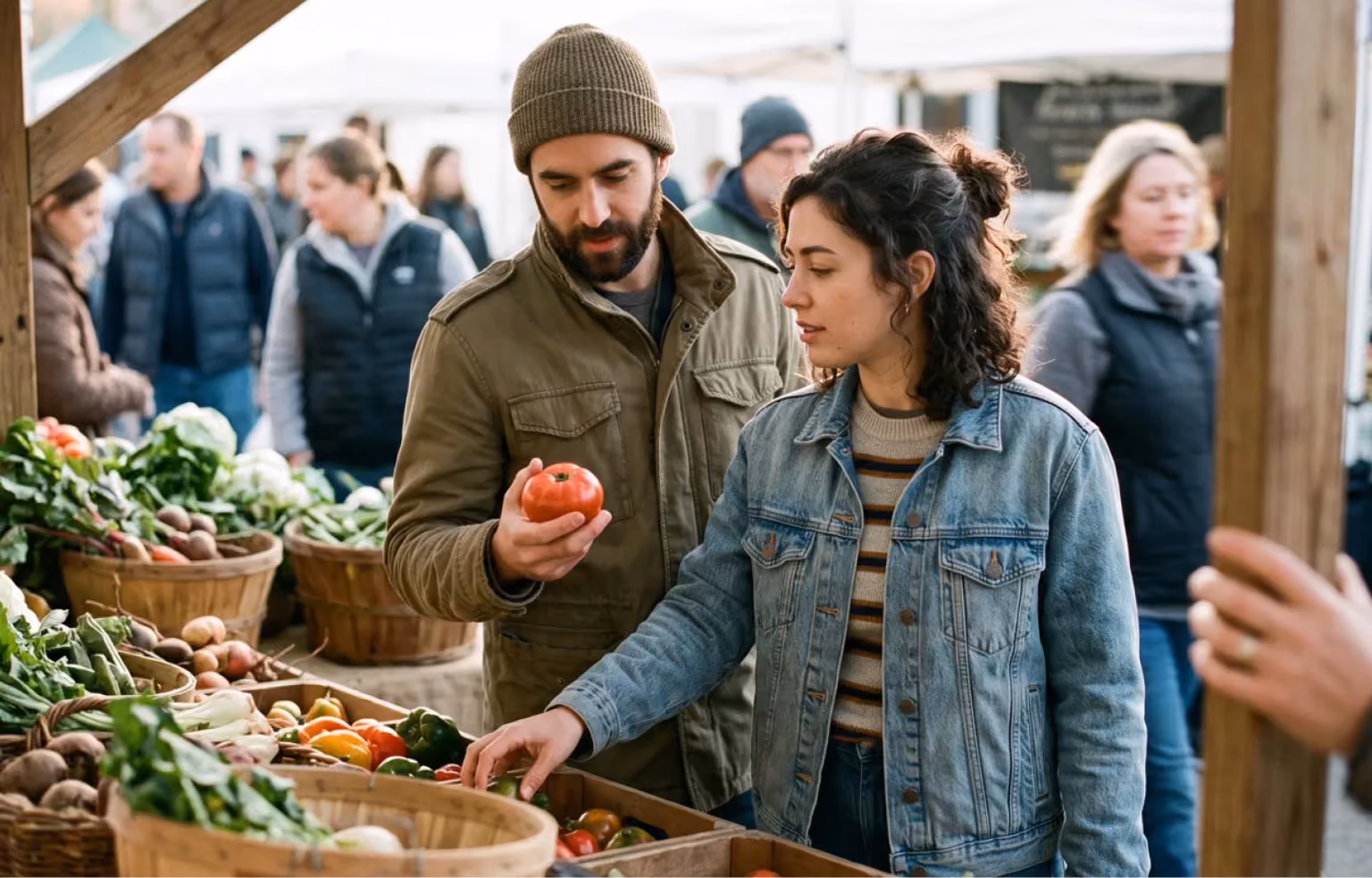 Couple choosing produce together at a farmers market
