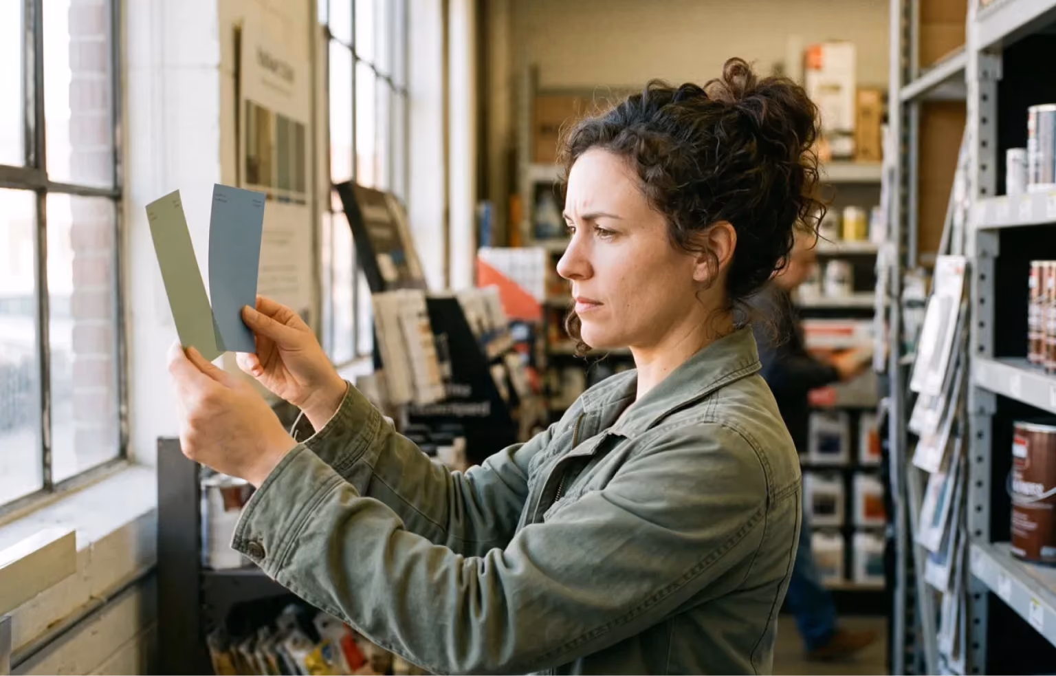 Woman comparing paint color swatches in a shop