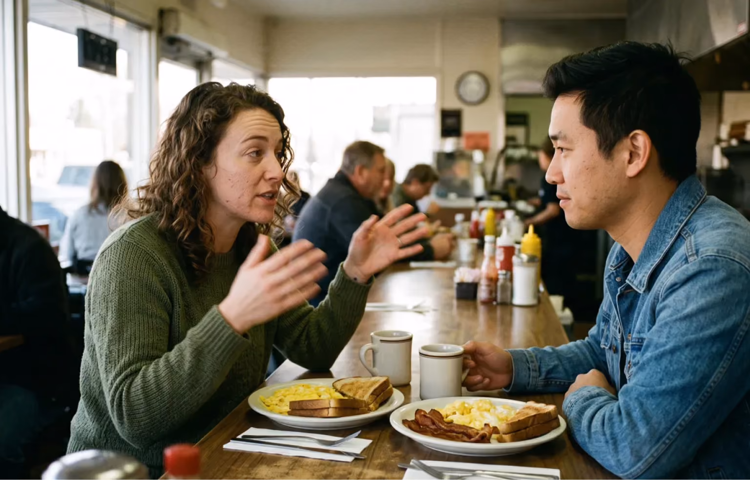 Man and woman talking over breakfast in a diner booth