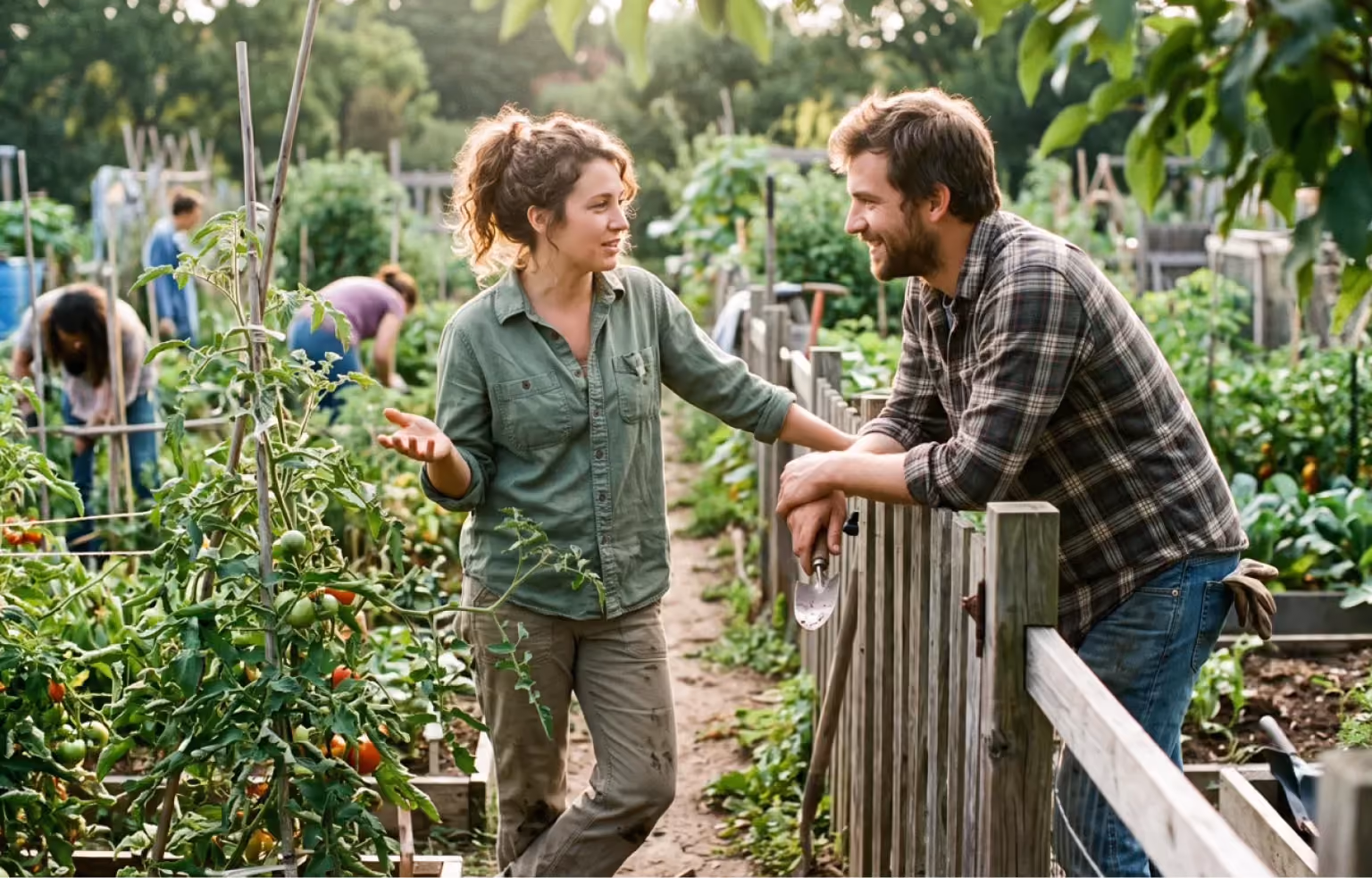 Man and woman talking over a fence in a community garden