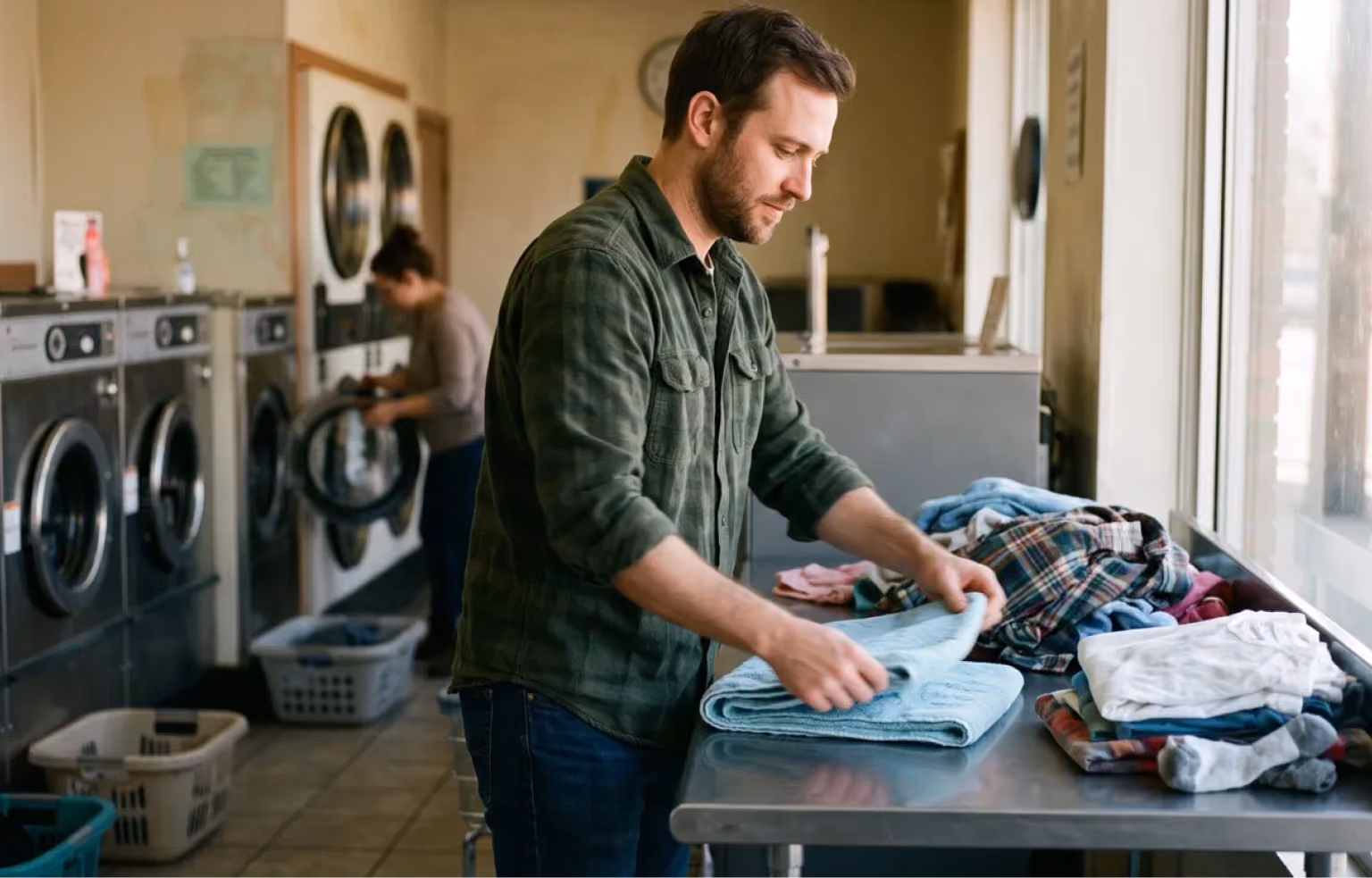 Man folding laundry at a laundromat