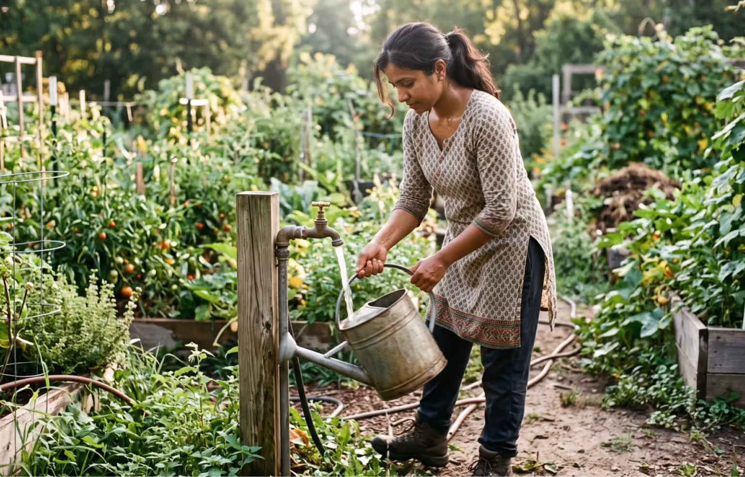 Woman watering vegetable beds with a watering can