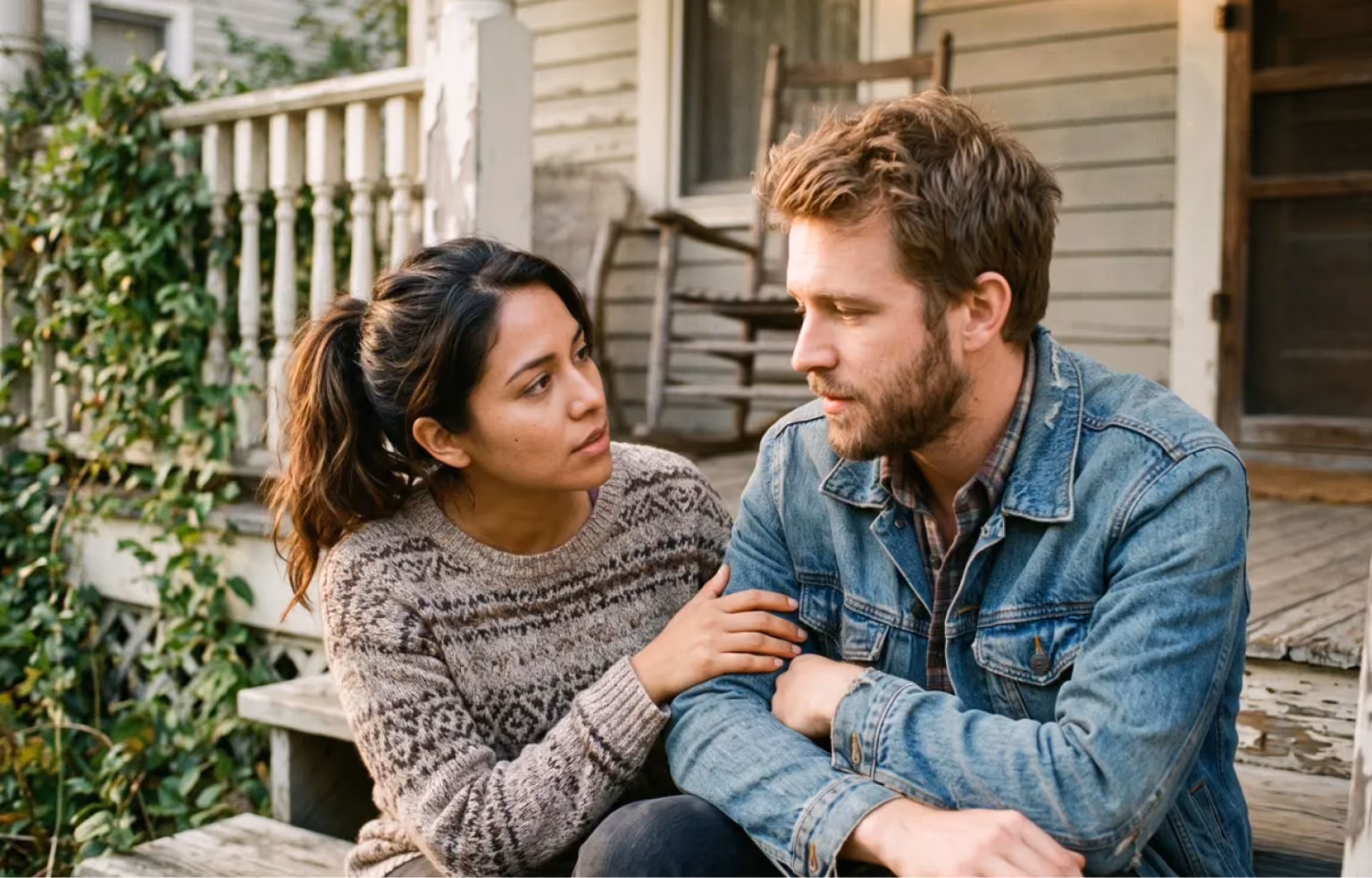 Couple sitting close together on a porch in quiet conversation