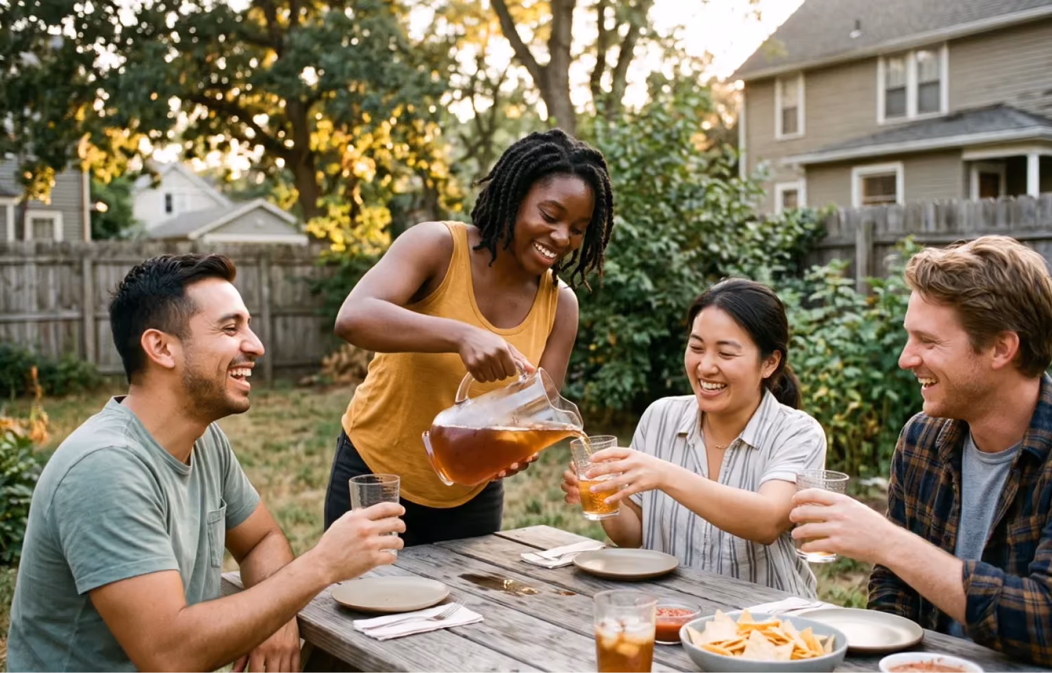 Four friends laughing at an outdoor table as one pours a drink