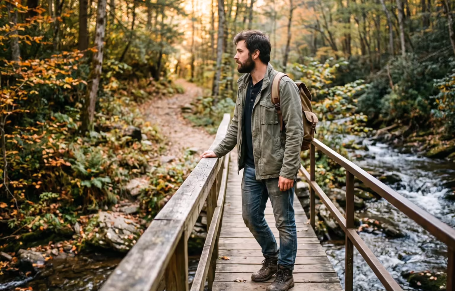 Man with a backpack crossing a wooden footbridge in a forest