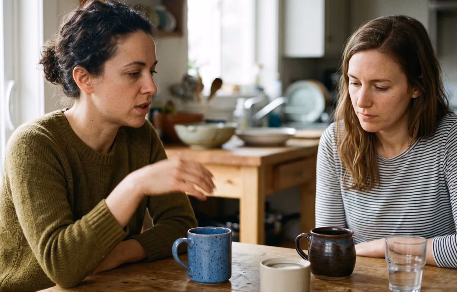 Two women in serious conversation at a kitchen table