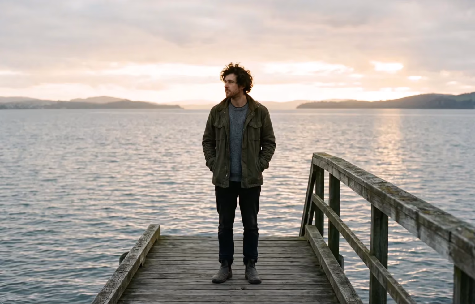 Man standing at the end of a dock looking out over the water