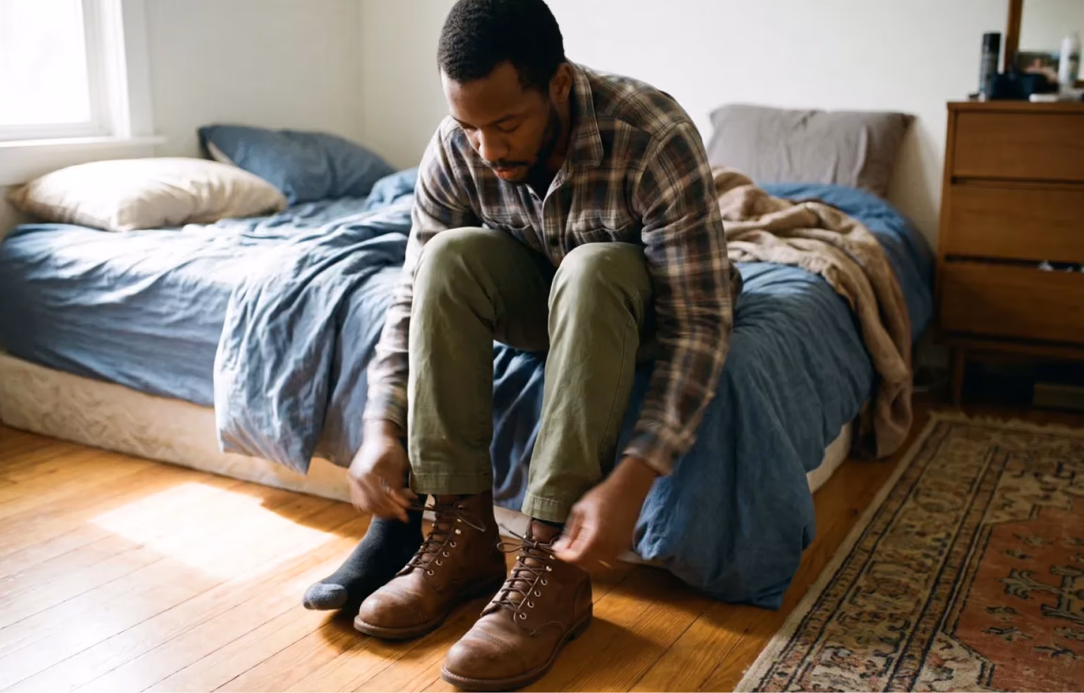 Man sitting on the edge of a bed lacing his boots