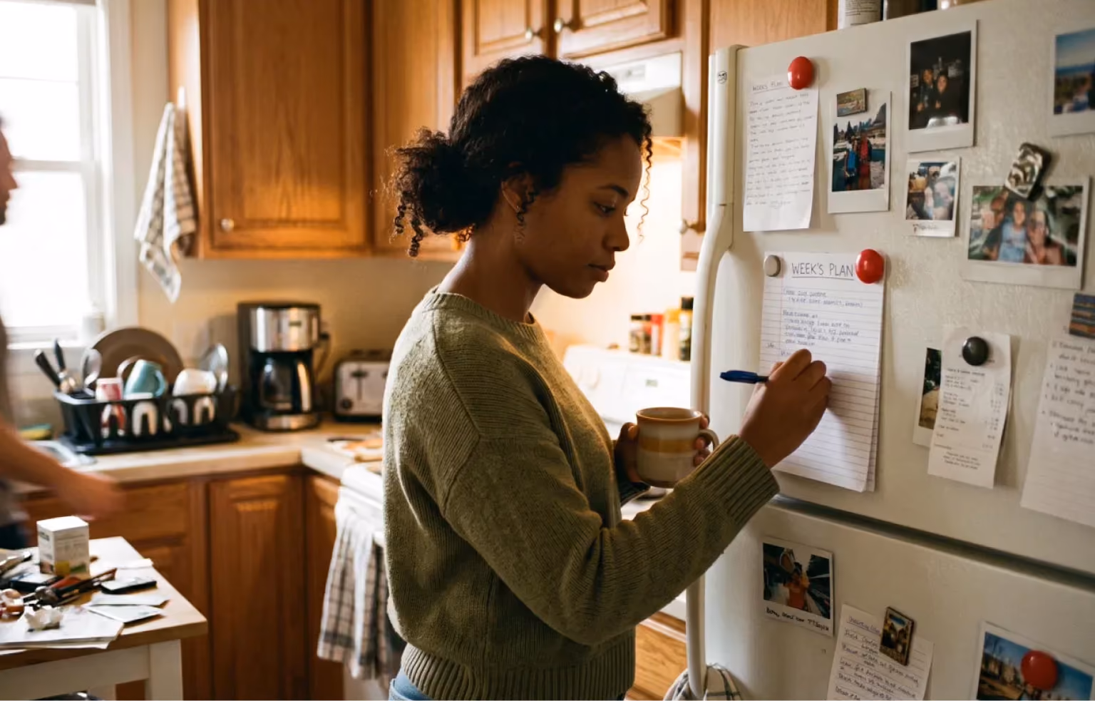 Woman writing on a family calendar pinned up in a kitchen