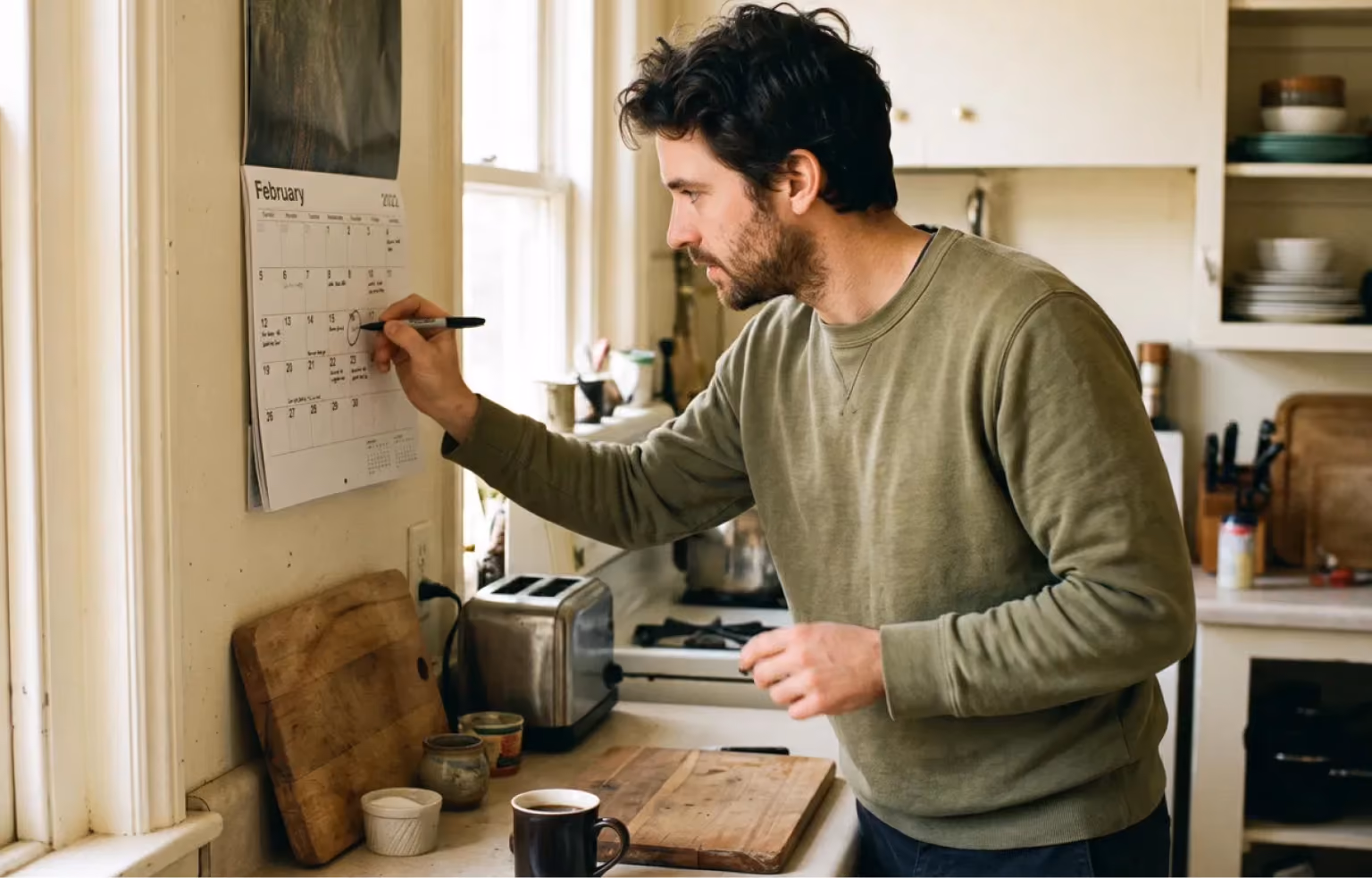 Man marking dates on a wall calendar in a kitchen