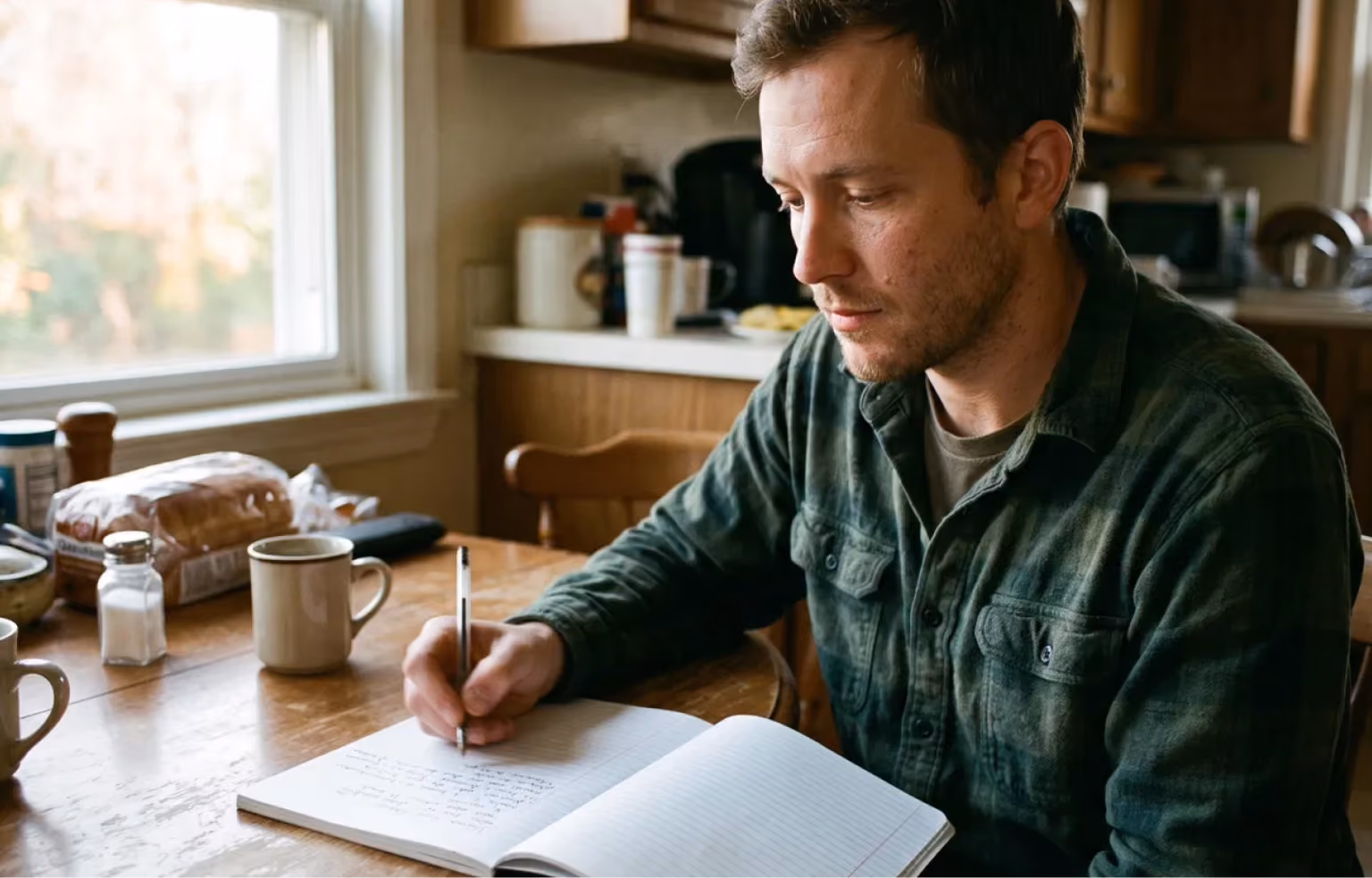Man writing in a notebook at a kitchen table by the window
