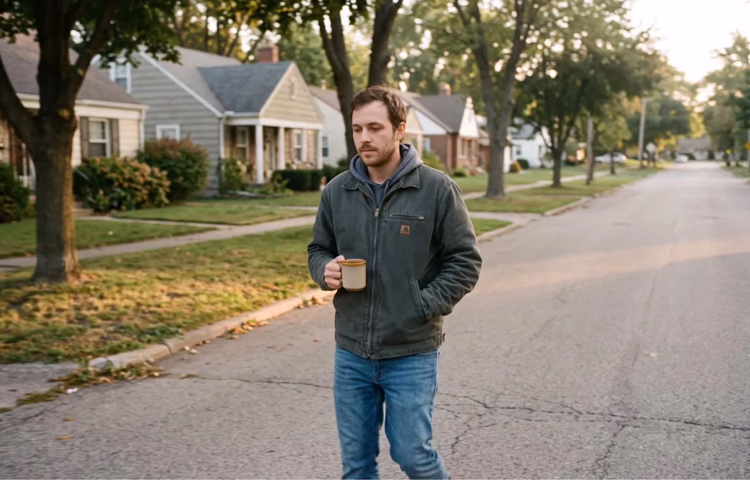 Man walking along a quiet suburban street holding a mug