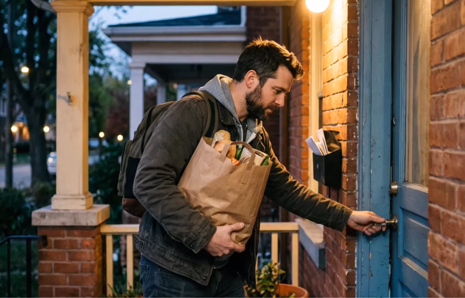 Man carrying a bag of groceries unlocking his front door at dusk