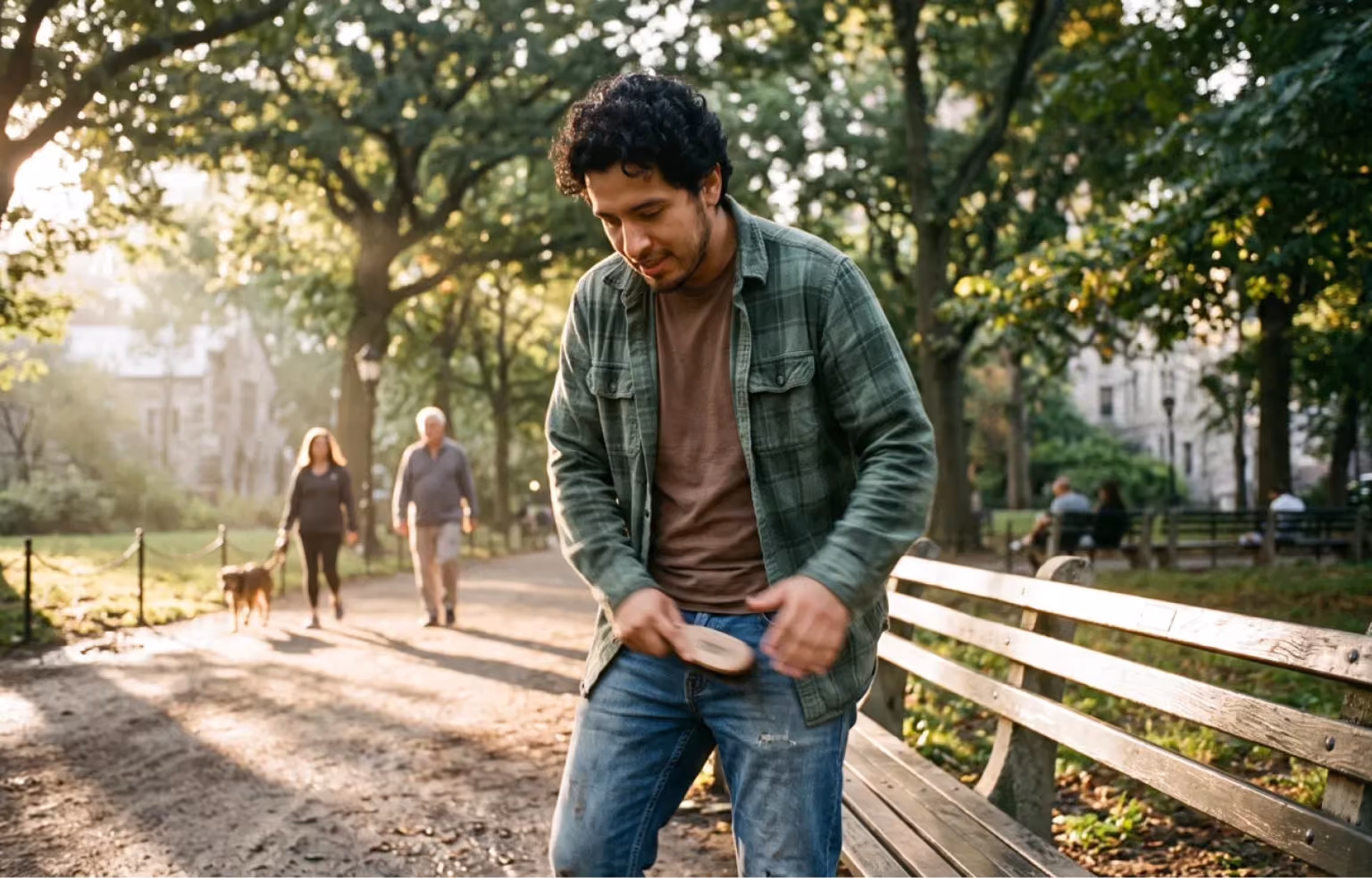 Man walking a tree-lined path as two people and a dog approach