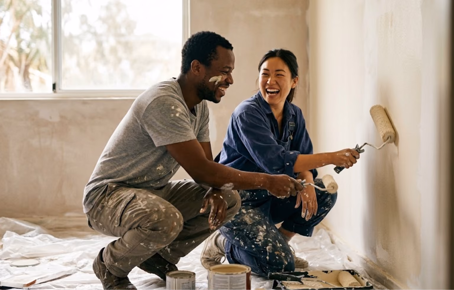 Man and woman laughing as they paint a wall in paint-spattered clothes