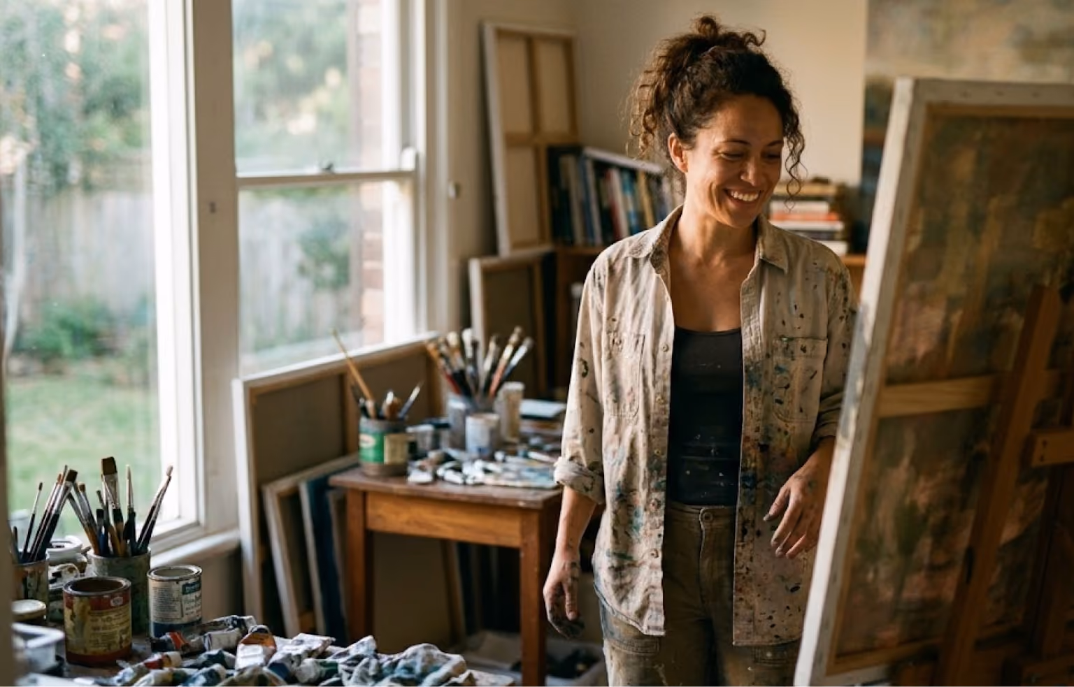 Woman smiling in her art studio surrounded by canvases and brushes