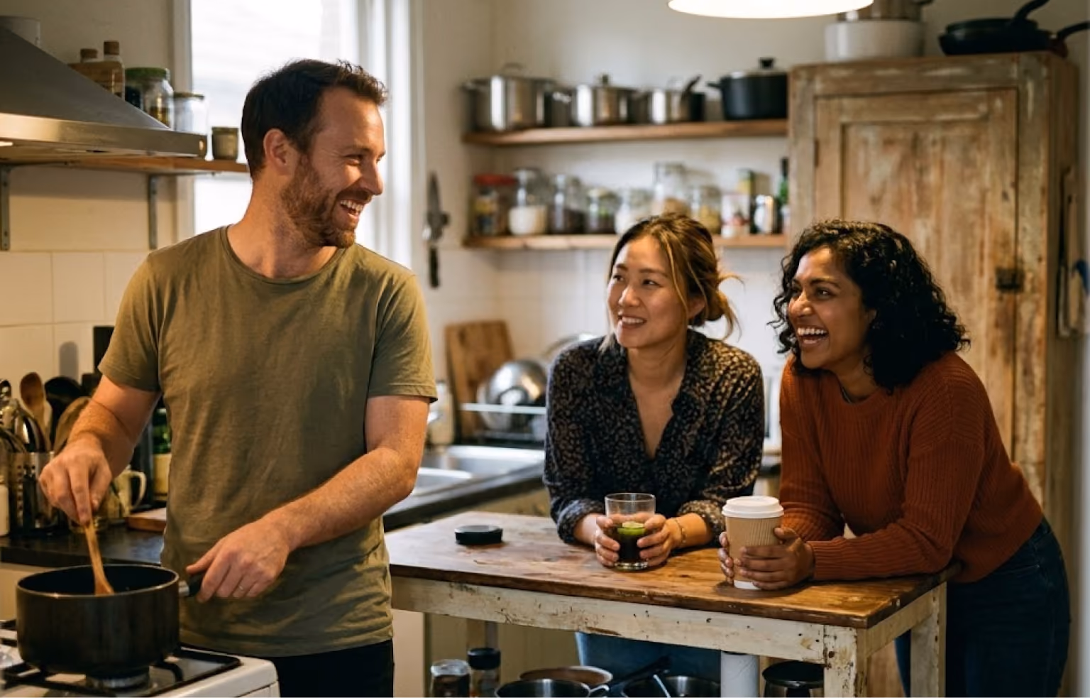 Man cooking at a stove while two friends sit at the counter with mugs