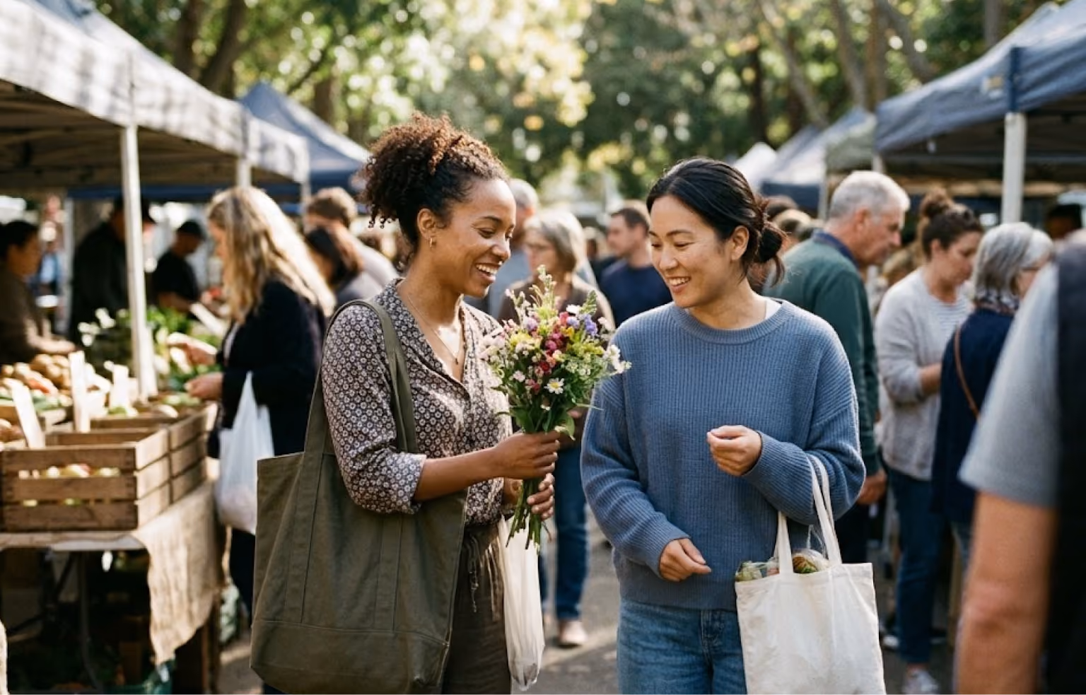 Two women choosing flowers and produce at a farmers market