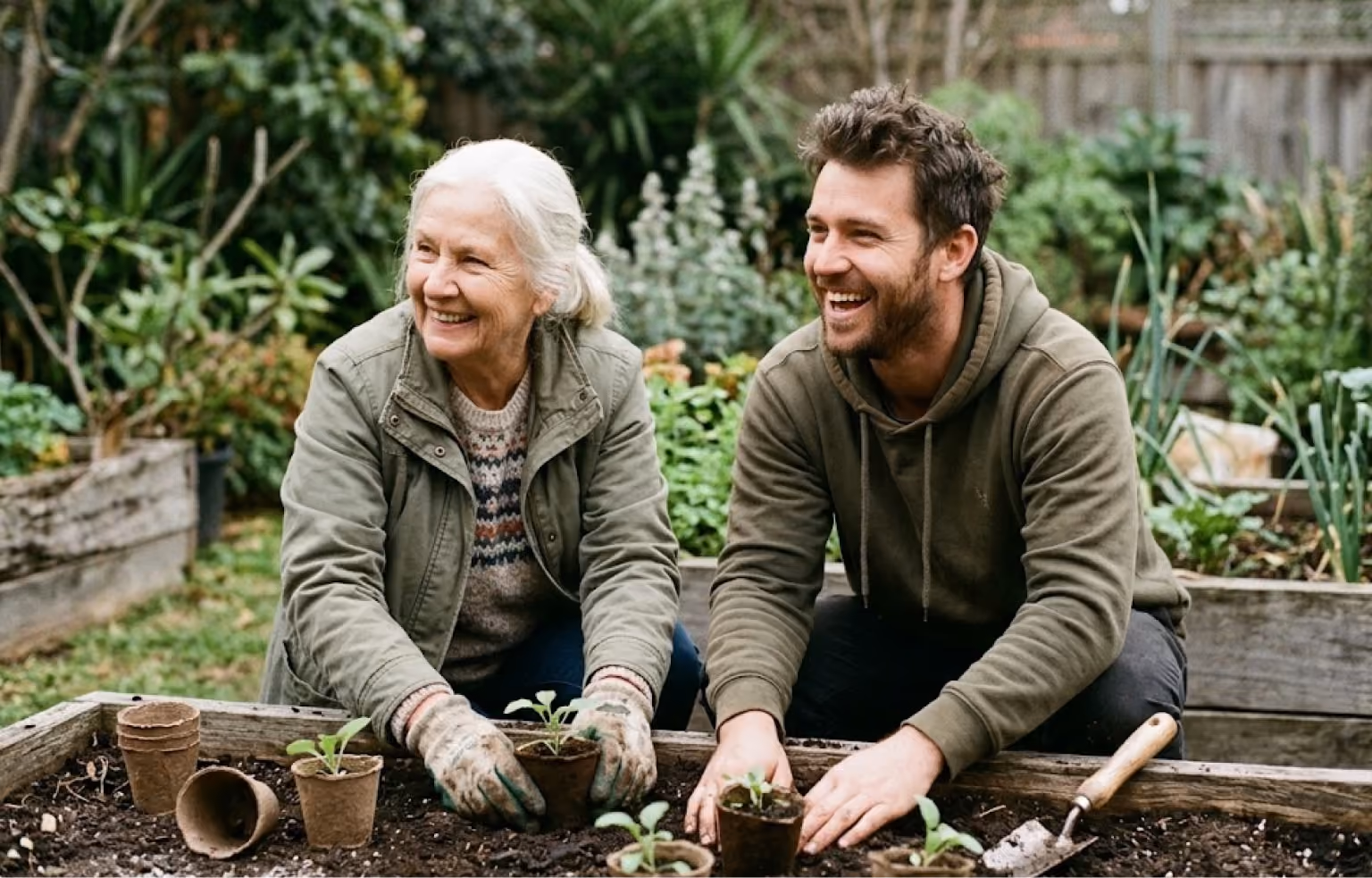 Older woman and a younger man planting seedlings in a garden bed