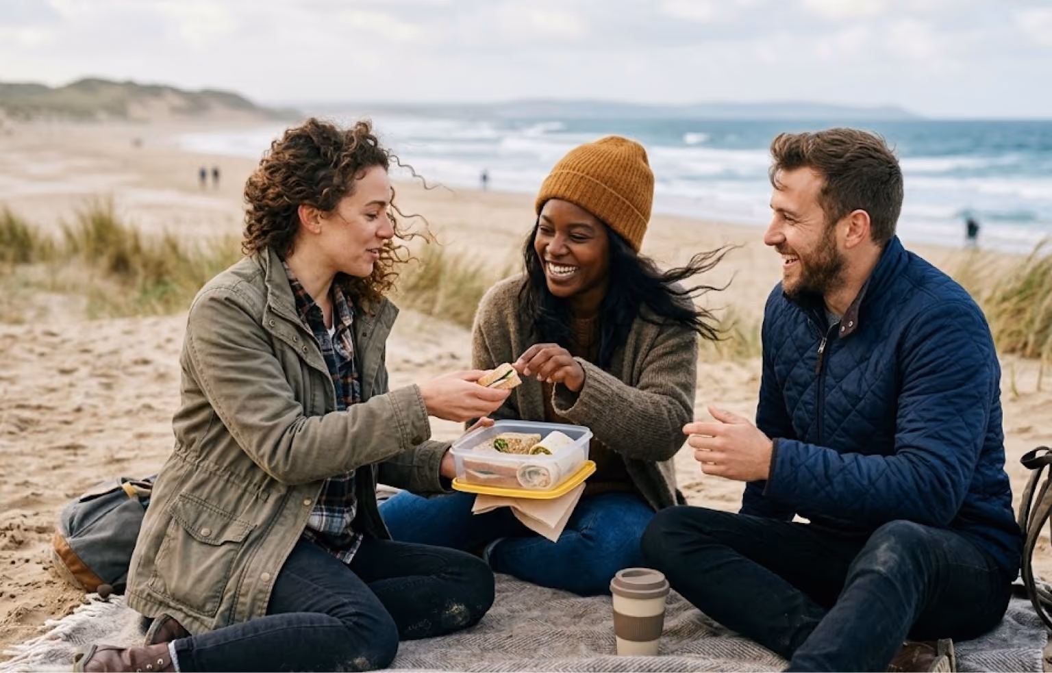 Three friends sharing food while sitting on a beach