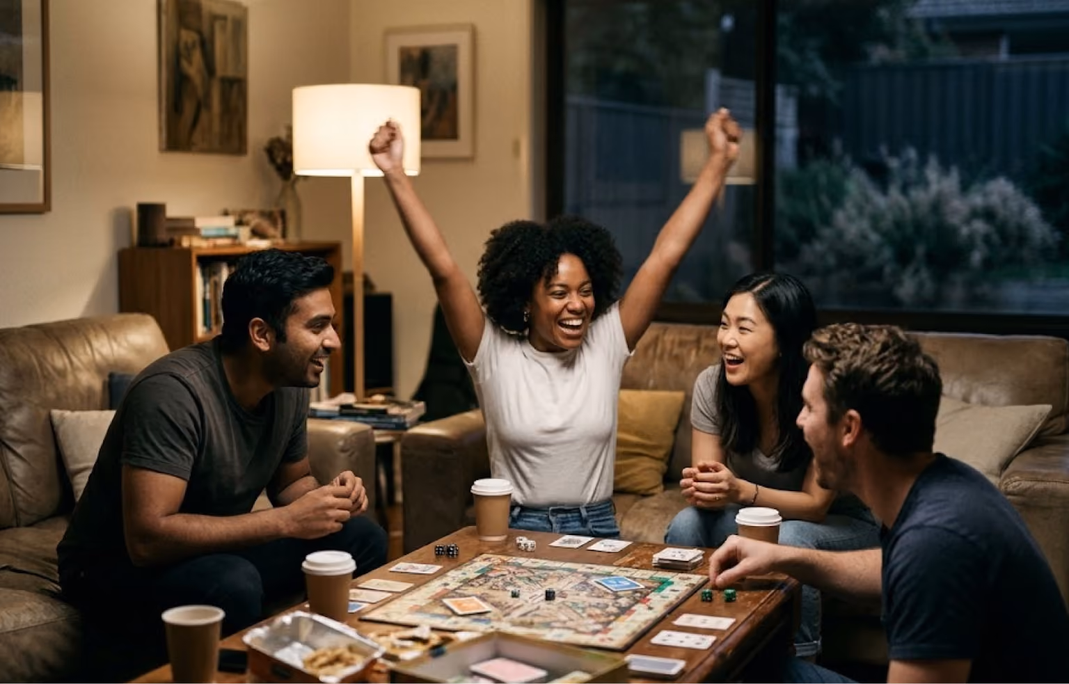 Four friends playing a board game, one cheering with arms raised