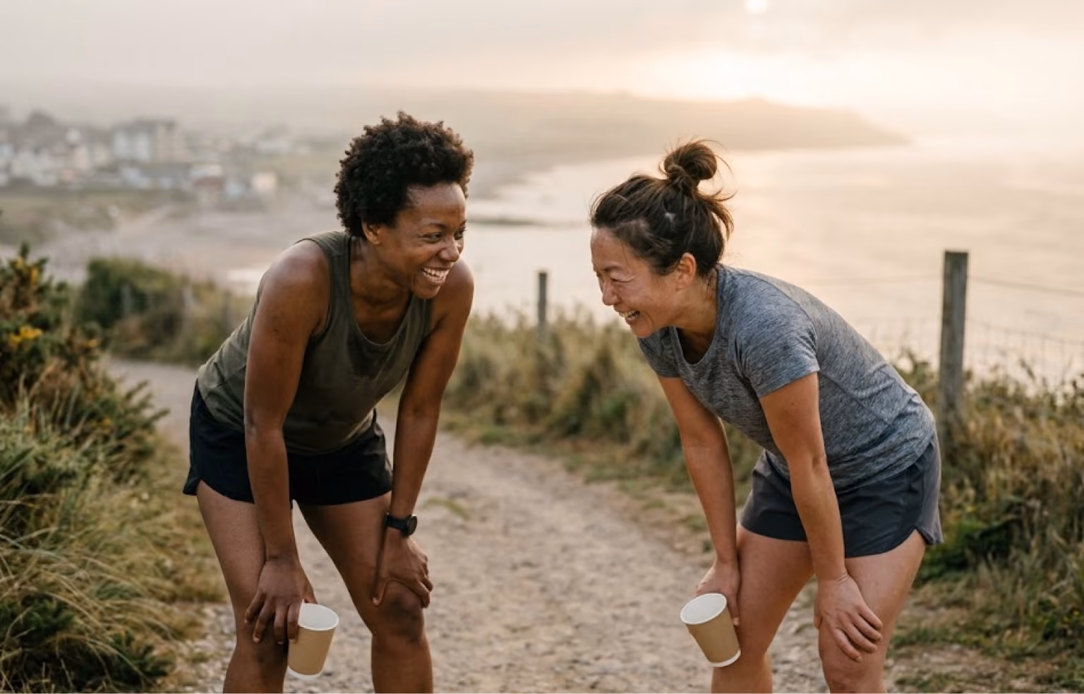 Two women in running gear laughing on a coastal path