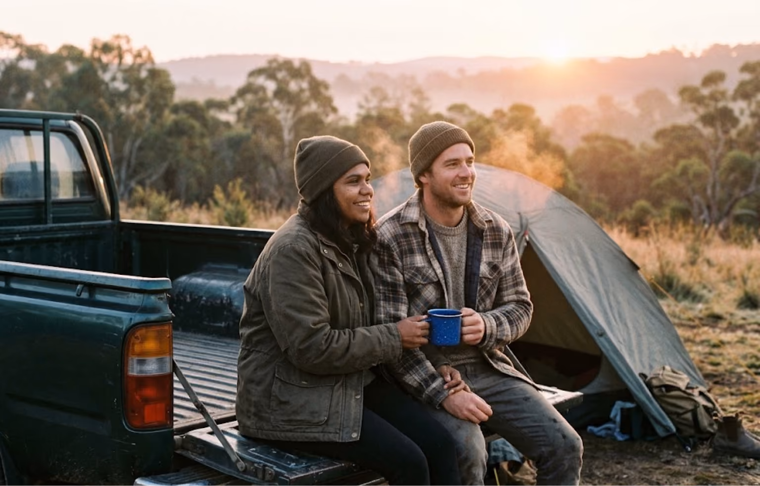 Two people drinking coffee on a truck tailgate beside a tent at sunrise