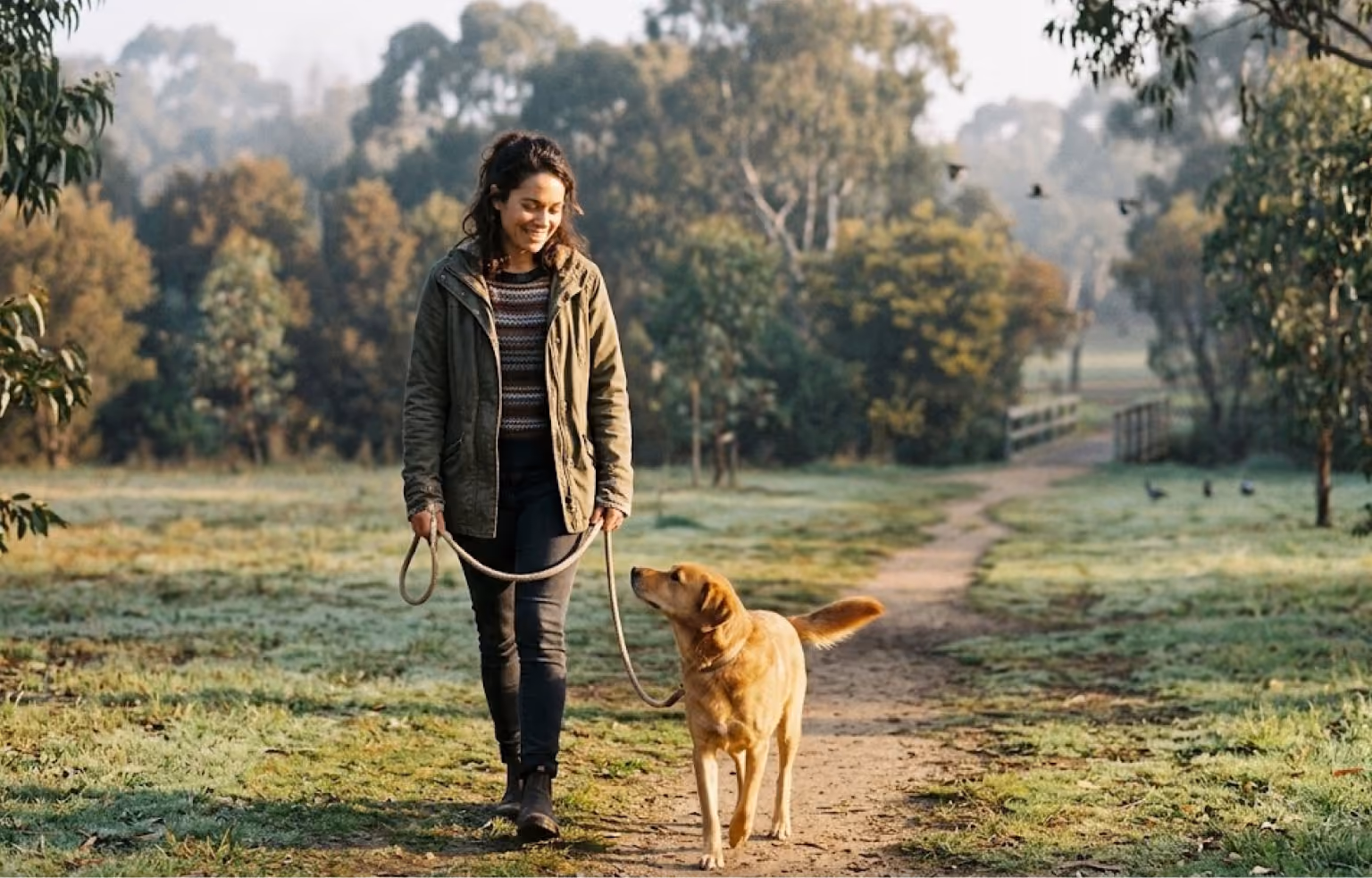 Woman walking her dog on a misty path in autumn