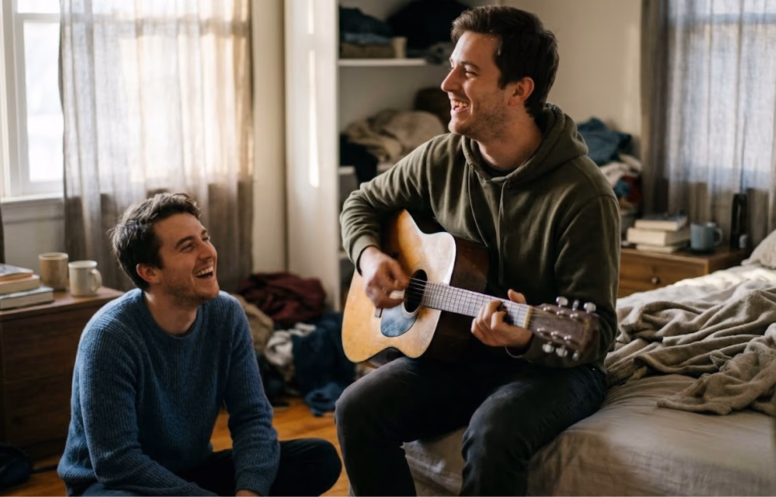 Man playing acoustic guitar while a friend listens and laughs