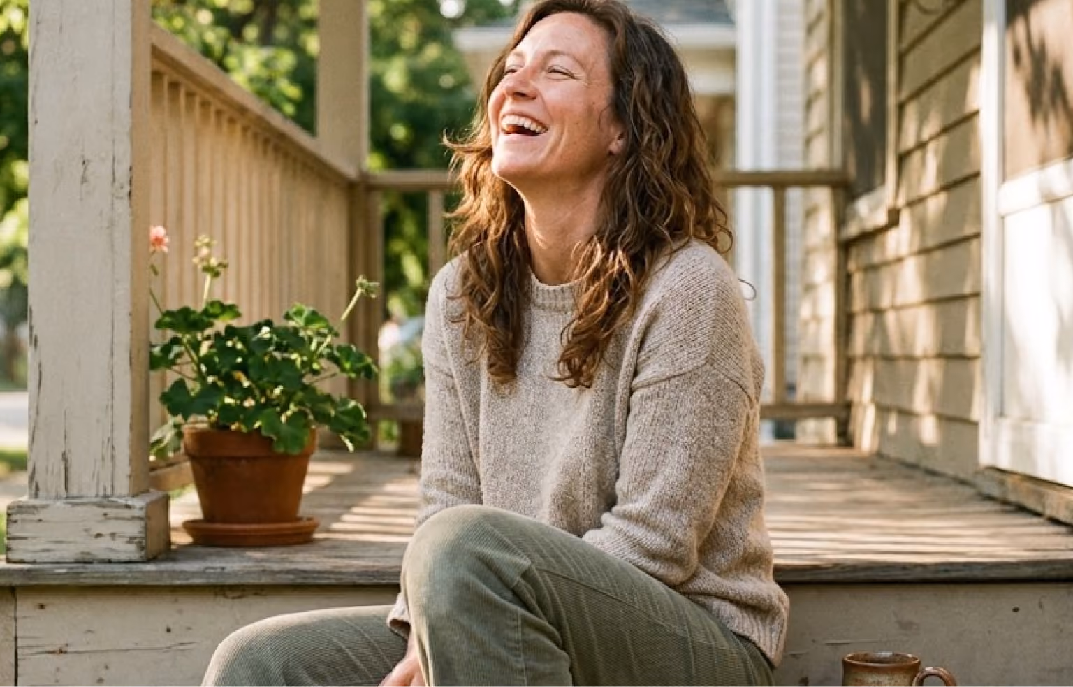Woman laughing on the steps of a porch