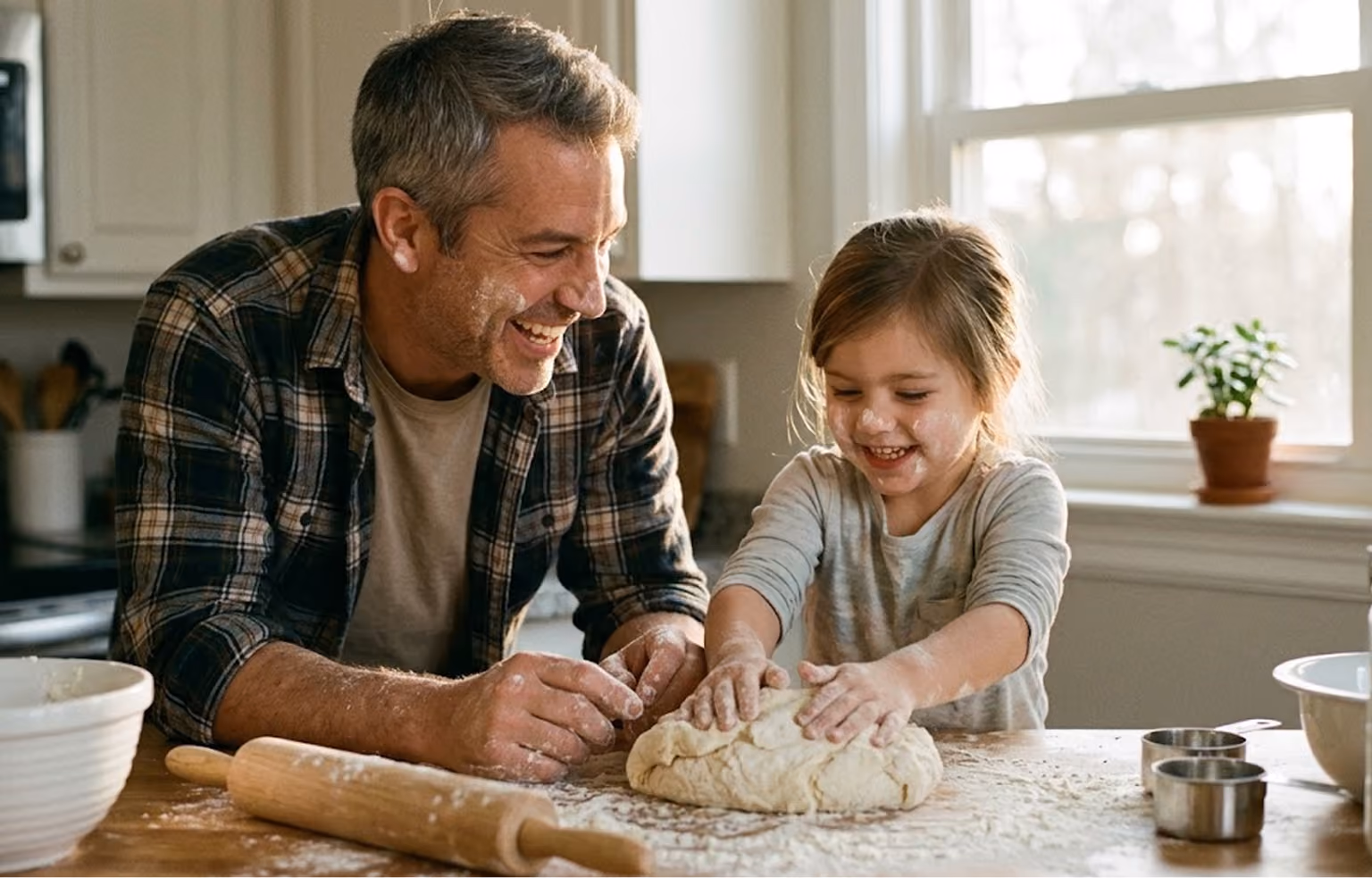 Man and young girl kneading bread dough at a kitchen counter